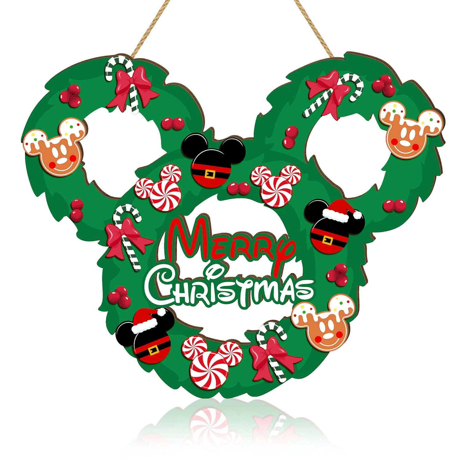 Christmas Mouse Door Sign Decorations, Merry Christmas Wooden Door Hanging Sign Wreath Ornaments for Front Door Decor Peppermint Candy Mouse Shaped Winter Wall Xmas Party Holiday Supplies Green image number 4
