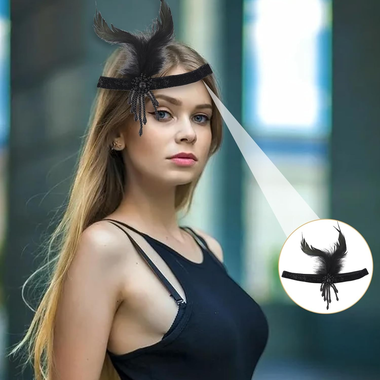 Women'S 1920S Headband for Gatsby Costume 20S Accessories, Vintage Jewellery Tassel Feather Headband with Rhinestone Hair Accessories, Perfect for Parties, Party Decoration, Weddings and Carnival