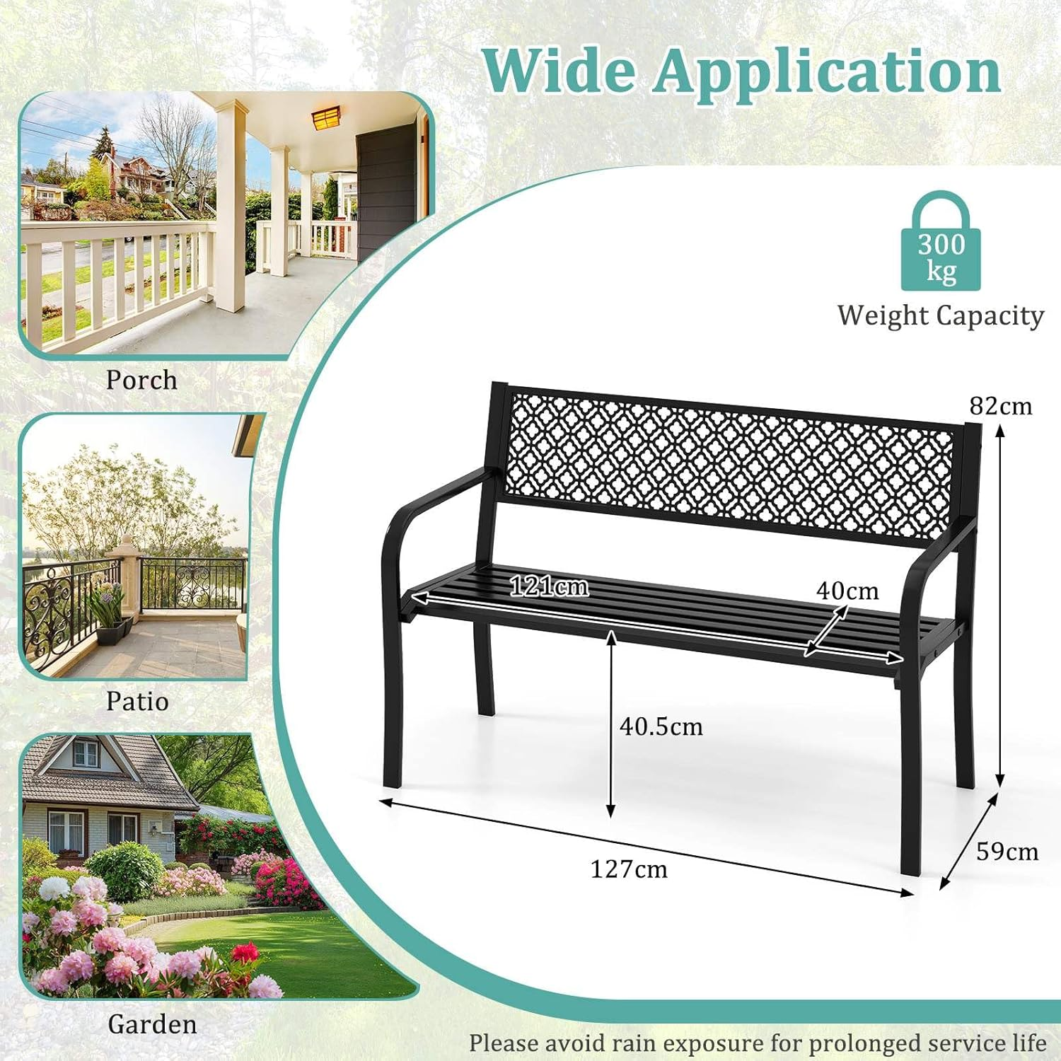 Costway 127 Cm Outdoor Garden Bench, Metal Patio Bench with Geometric Lattice Backrest, Armrests and Slatted Seat, Outdoor Loveseat Chair for Porch, Lawn and Yard (Black) image number 3