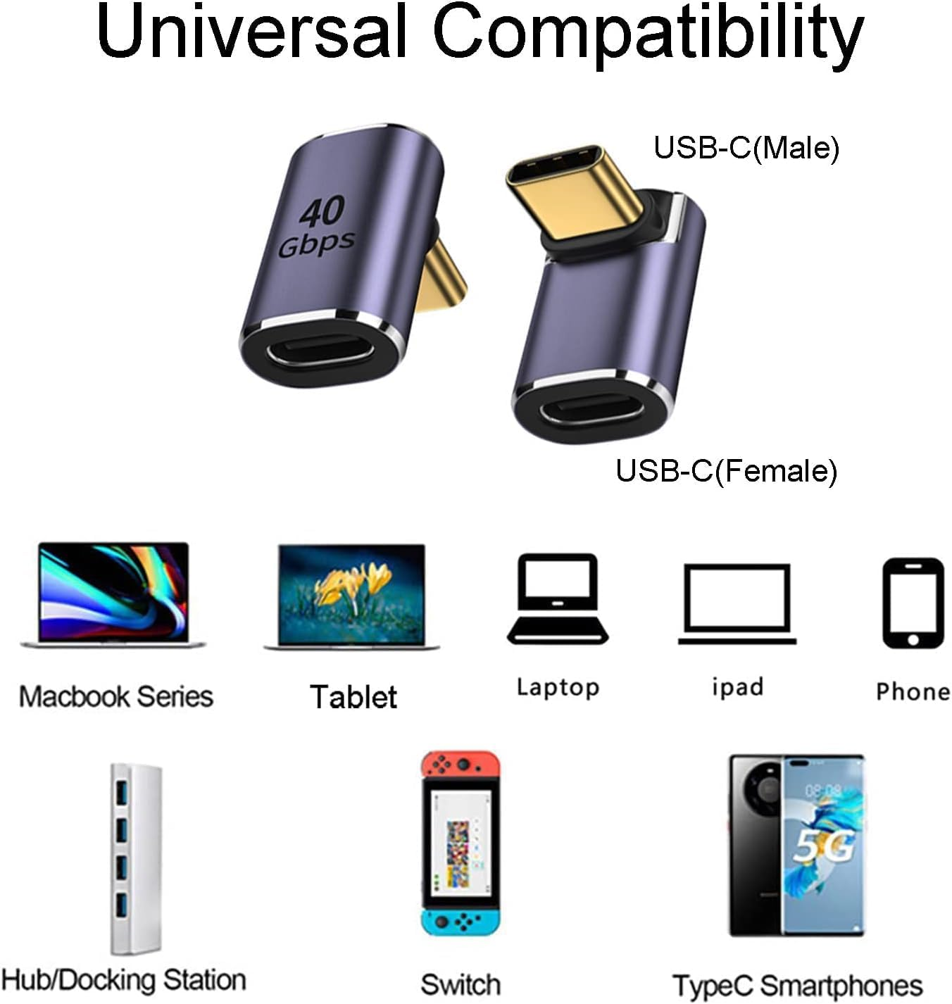 USB C Adapter (4 Pack), USB C to USB C Right Angle Adapter Support up to 40 Gbps Data, 100W PD, 8K 60Hz Video Compatible for Thunderbolt 4 Macbook Pro/Air, Steam Deck, Switch, VR & More USB C Devices image number 6