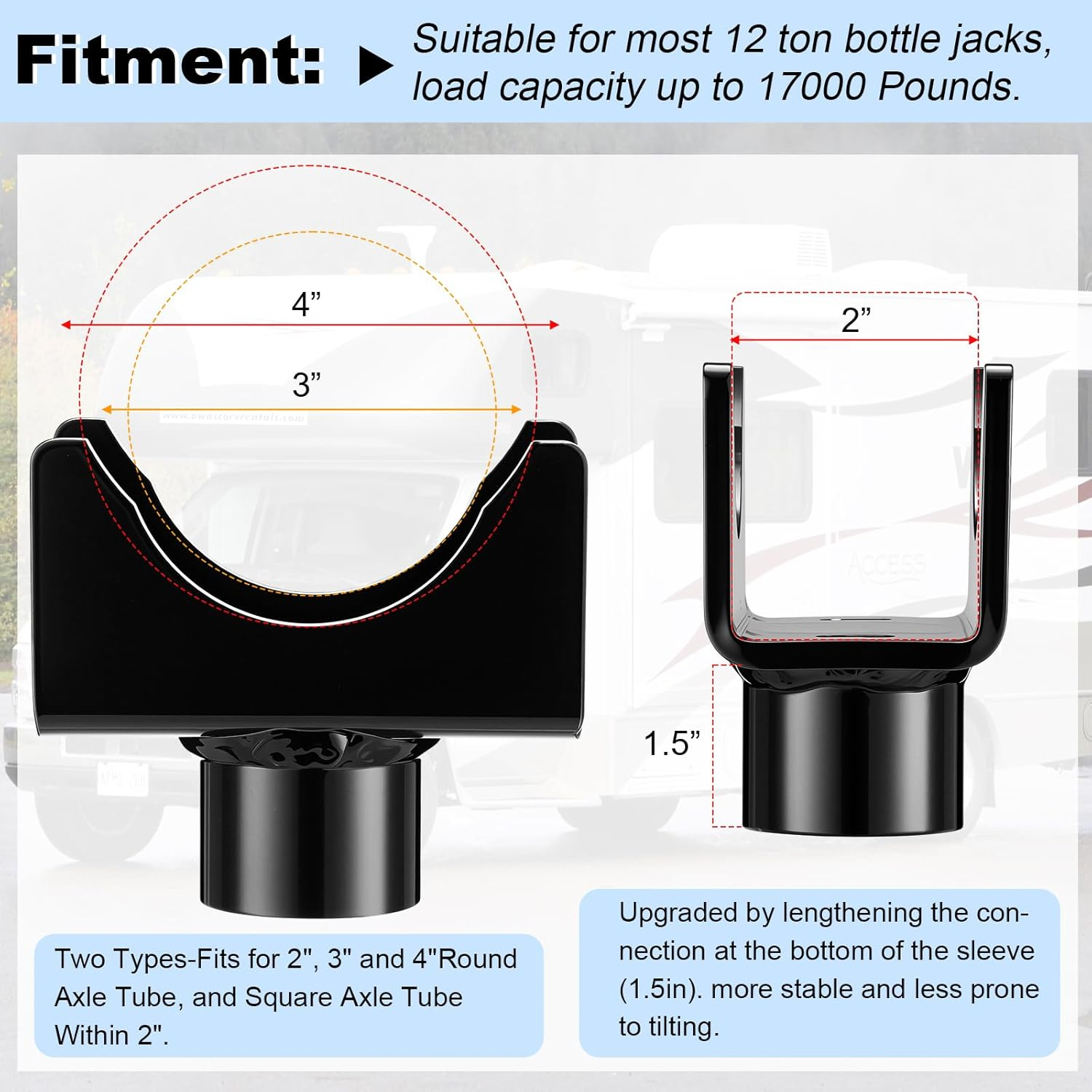 Bottle Jack Adapter Lifting Saddle for 2" 3" 4" round Axle Tube 2" Square Axle Tube, Bottle Jack Adapter Axle Saddle for within 1.5" Lifting Platform, for RV Trailer Garage Farm Ranch