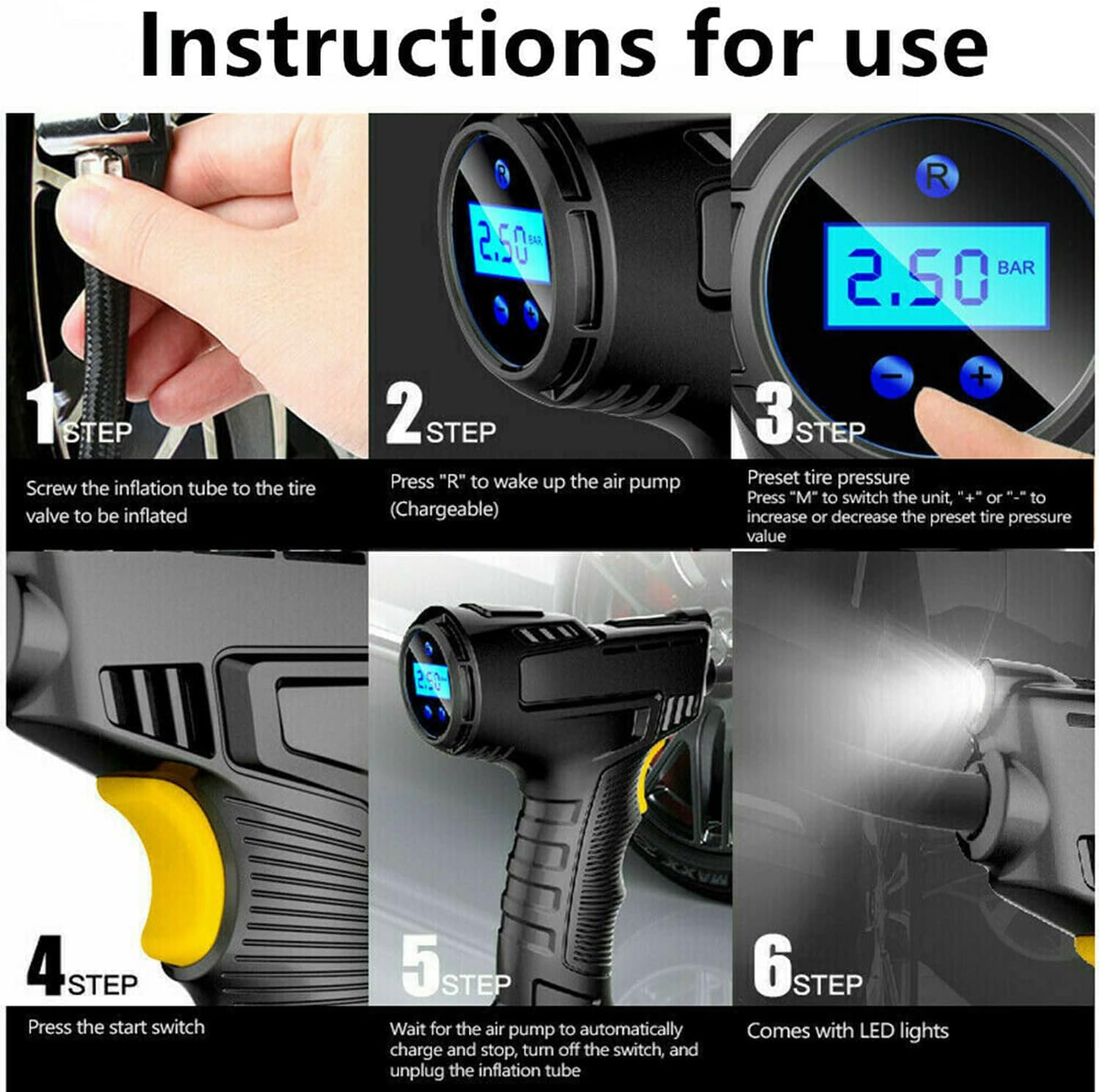 Automatic Cordless Car Tyre Inflator Handheld LCD Digital Air Compressor Pump for Car, Bike, Motorcycle, Balls image number 2