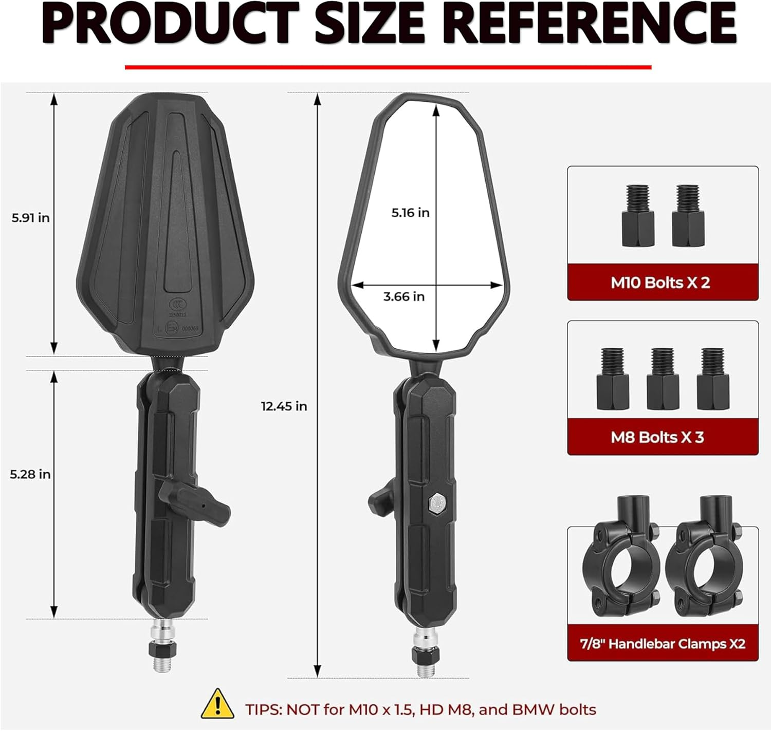 Motorcycle Mirrors 7/8" Universal Motorcycle Rearview Mirrors E-Mark Motorbike Mirror Handlebars 360&deg; Adjustable with M8/M10 Screws for Dirt Bike Street Bike ATV Scooter Cruiser image number 3