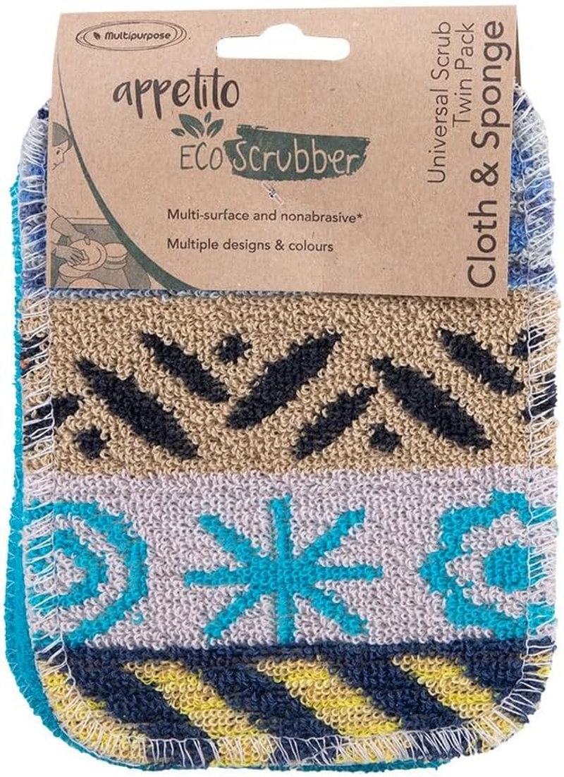 Appetito "Eco Scrubber" Universal Scrub Twin Pack Cloth and Sponge 12 X 16.5Cm - 4 Assorted Designs/Colours image number 6