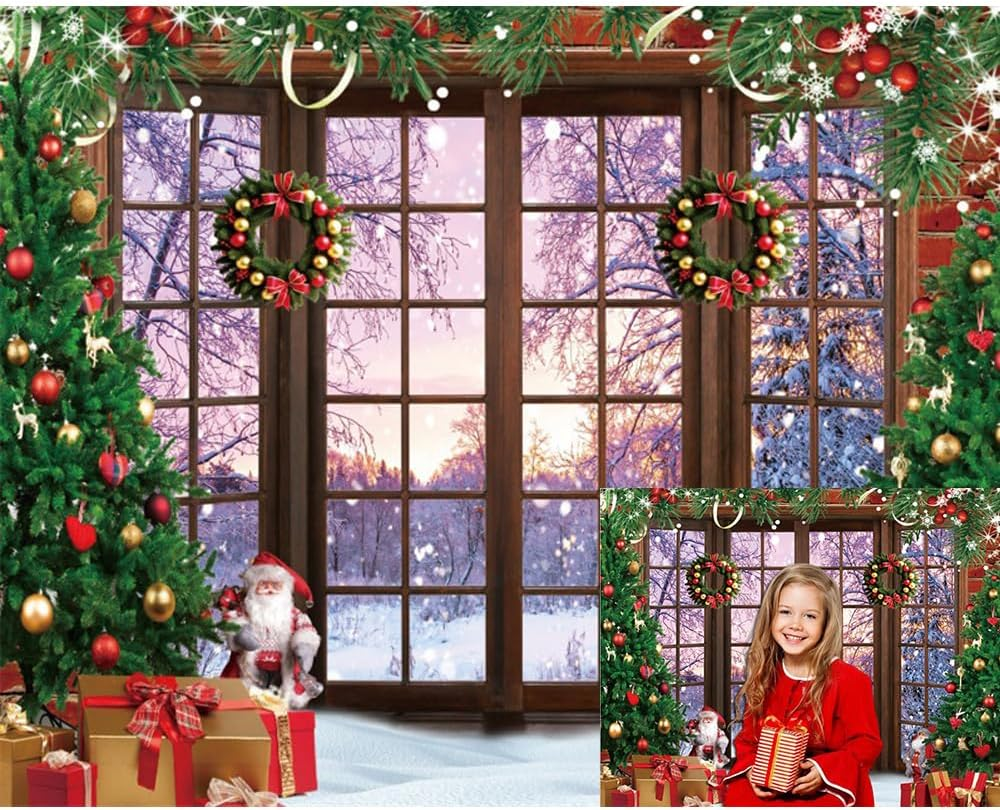Christmas Backdrop 10X8Ft Wood Barn Winter Christmas Photo Backdrop for Photography Wooden Door Christmas Tree Gifts Snowy Background Kids Adults Family Christmas Eve Party Decoration Props