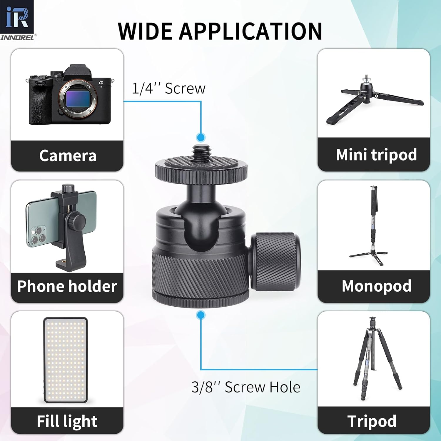 Mini Ball Head-Innorel C19 Mount Tripod Head-Cnc Metal Low Profile Ballhead 360&deg; Pan 90&deg; Tilt Tripods Mount with 3/8" to 1/4" Adapter Ballheads, Max Load 6.61 Lb/3Kg for Phone/Dlsr Camera/Mini Holder image number 6