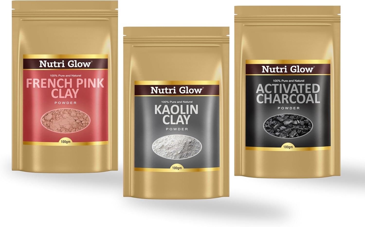 Nutri Glow'S Activated Charcoal Powder, French Pink Clay, Kaolin Clay | 100% Pure and Natural Powders | Pack of 3 Combo