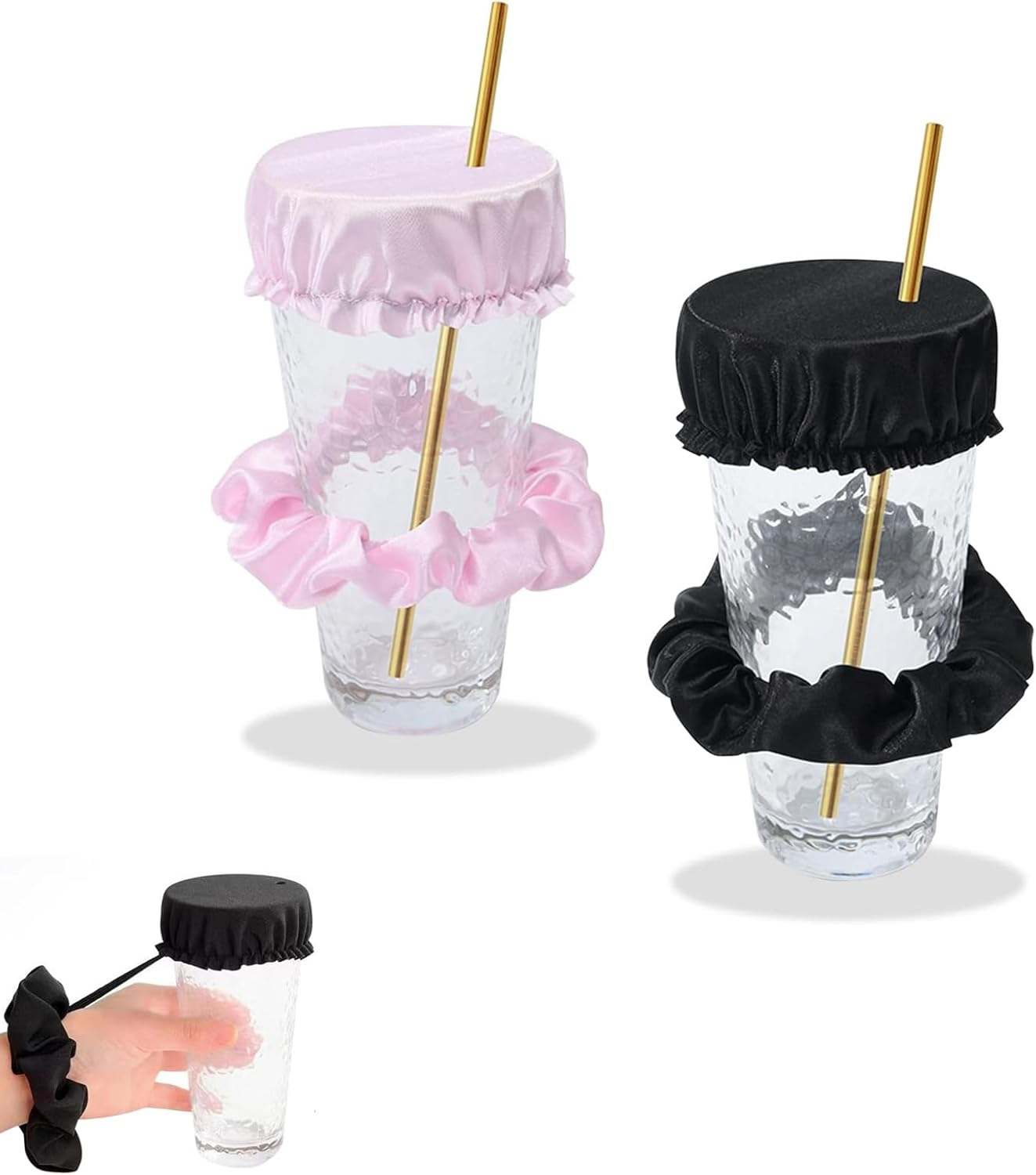 Hair Band for Drink Cover, Pack of 2 Hair Bands, Drink Cover, Scrunchie Cap, Hair Scrunchie, Anti-Spike Drink Lid, Scrunchies, Drink Protection with Straw Hole for Beach, Bar, Parties, Drinks And image number 6
