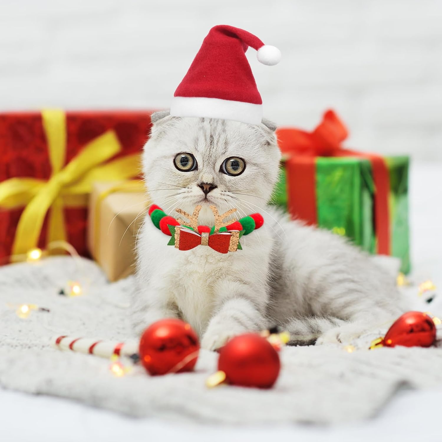 Pack of 4 Christmas Costume for Cats, Christmas Hat Cat, Cat Clothing, Pet Costume Christmas Collar Cat Santa Hat Christmas Costume Gift for Cats Dogs Puppies image number 4