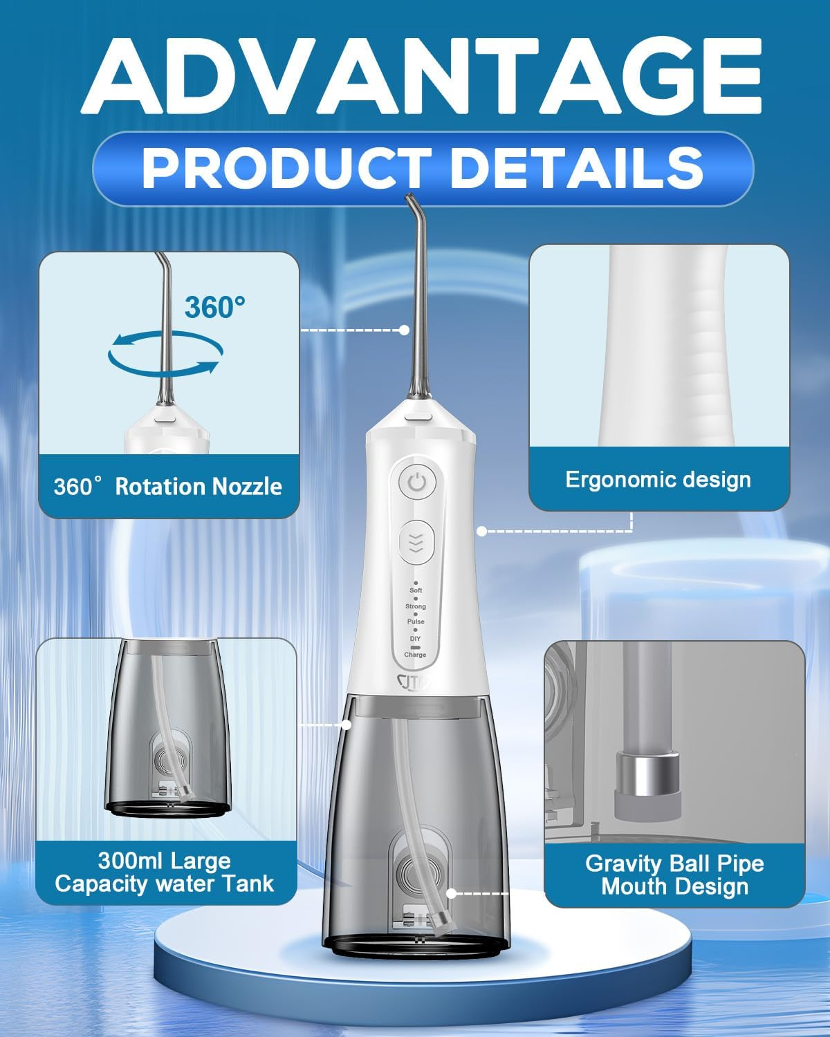 JTF Water Flosser Cordless for Teeth - 4 Modes 9 Jet Tips Portable Dental Floss, 300Ml Teeth Water Jet Cleaner, USB Rechargeable Ipx7 Waterproof Oral Irrigator Tools for Home Travel(White) - Clear image number 1