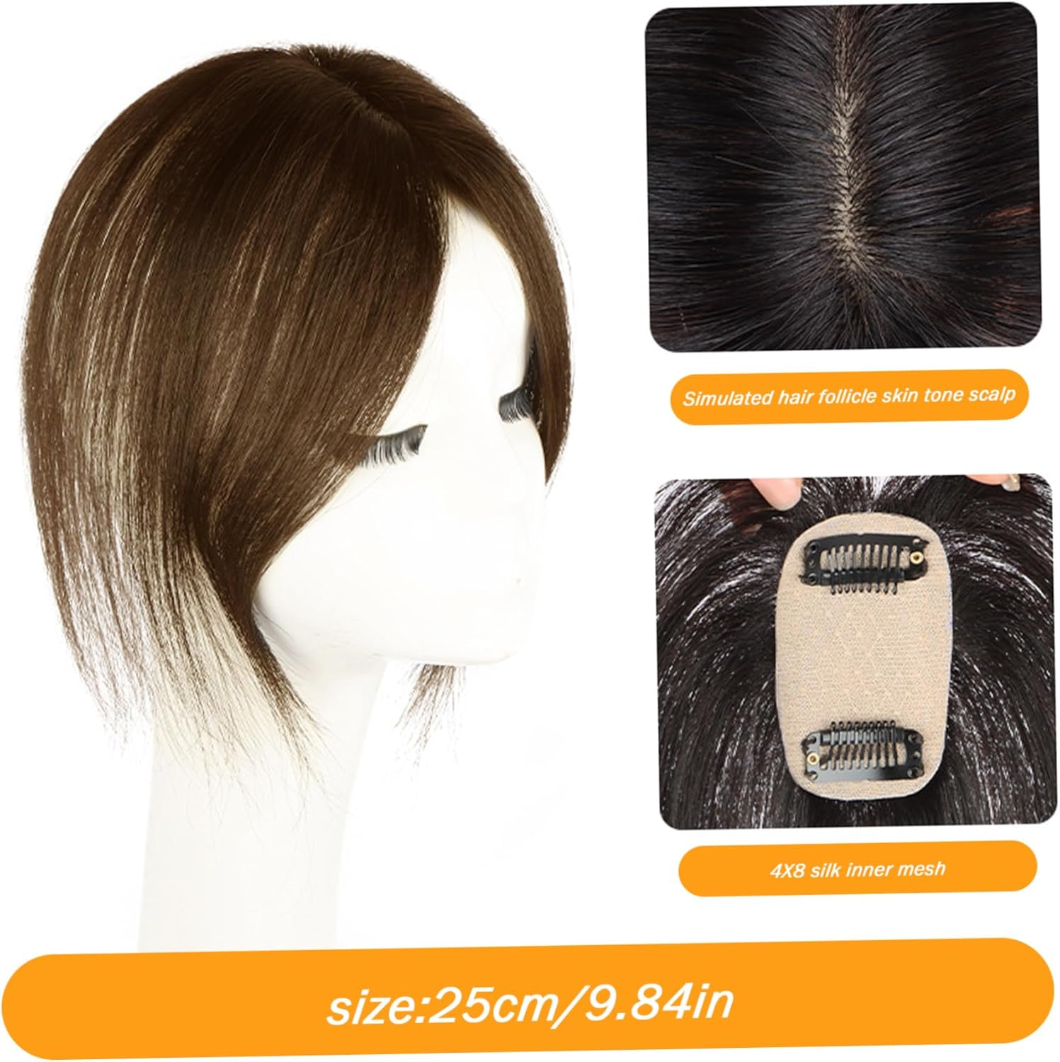 Hair Topper Clip in Hair Extensions 9.8 Inch Long Hair Toppers for Thin Hair Women Silk Base Clip in Hair Extensions Natural Looking for Daily Use Brown