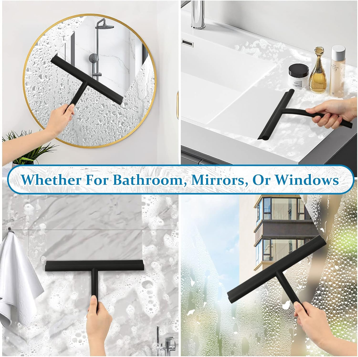 MOSUO Shower Squeegee, Shower Squeegee, Silicone with Holder without Drilling, Stainless Steel Core for Window Squeegee, Bathroom, Mirror, Glass Cleaning, Tiles, Car Windows - Black image number 3