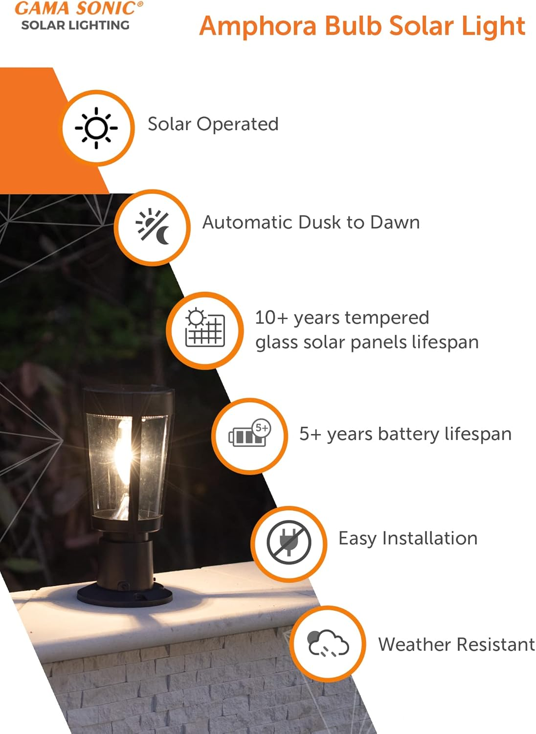 Gama Sonic Amphora Bulb Solar Post Light &ndash; Contemporary Outdoor Lamp with Pier Mount and 3-Inch Fitter for Lamp Posts, 120 Lumens, 12B50023 image number 3