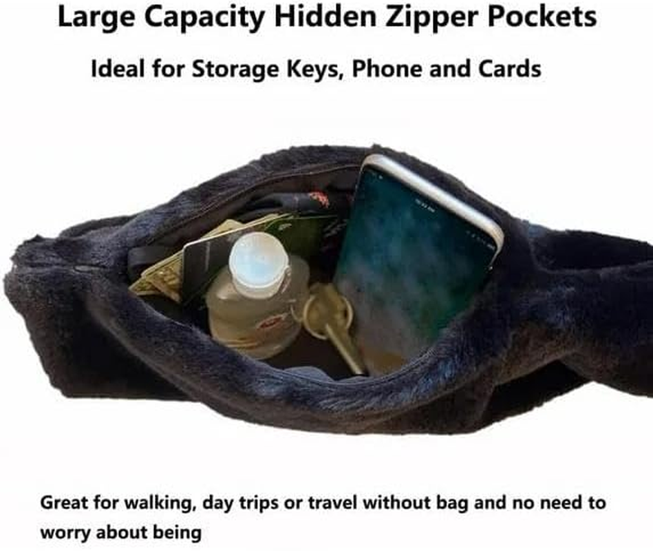 Faux Fur Pull through Scarf with Hidden Zipper Pocket, Soft Cozy Warm Pocket Scarf for Hands-Free Storage Phone & Valuables - Gray image number 5