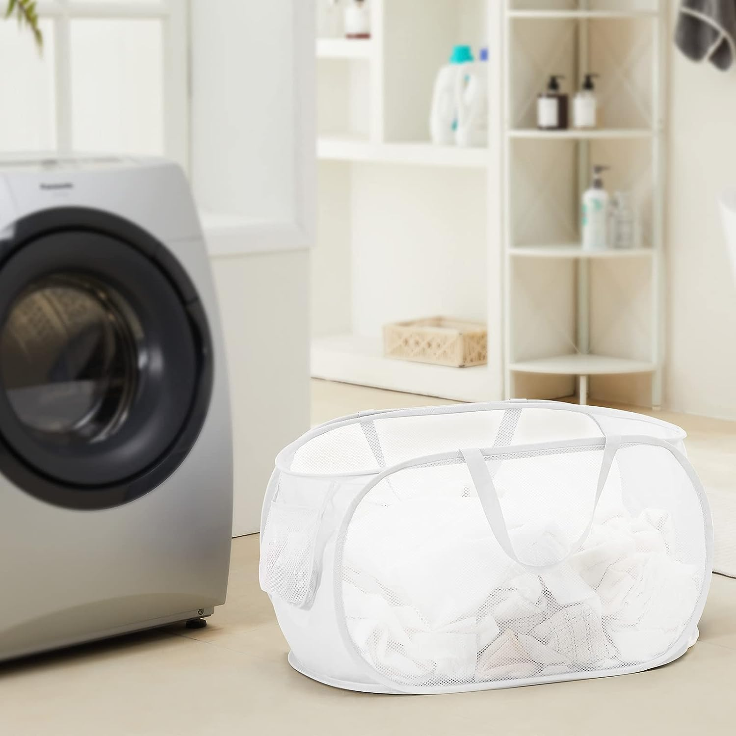 IREES Durable Collapsible Laundry Baskets, 2PCS Mesh Pop up Laundry Hamper,Lightweight Mesh Basket with Reinforced Carry Handles for Laundry, Dormitories, Families, Travel, and Camping (Black) - Blue image number 4