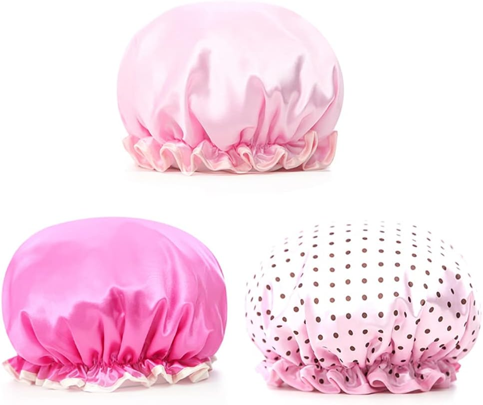 SOWUNO Shower Cap Waterproof Elastic 3PCS Dual-Layer Thickened Stretchy Adjustable Bath Cap for Home Fashion Smooth Long image number 3