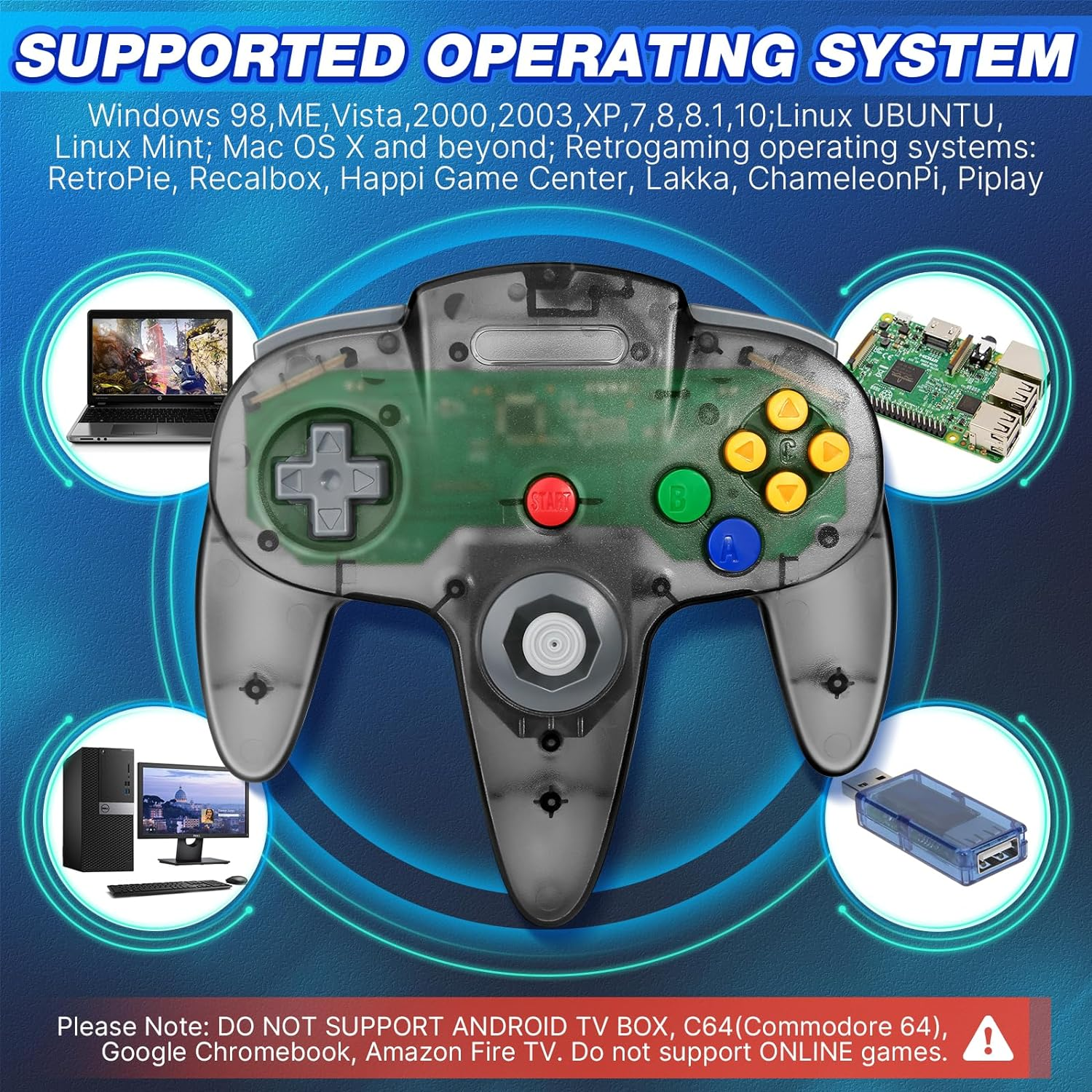 2 Pack Wired USB N64 Controller, FISUPER Classic Video Game Controller USB Gamepad for Windows PC MAC Raspberry PI Retropie (Clear Black + Clear Blue) image number 1