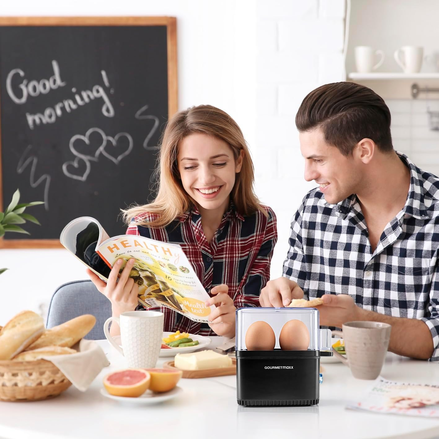 Gourmetmaxx Design Egg Cooker for 2 Eggs, with Egg Picker, Measuring Cup and Signal Sound, Compact Egg Cooker, 3 Degrees of Hardness, Easy Cleaning and Dishwasher Safe Parts