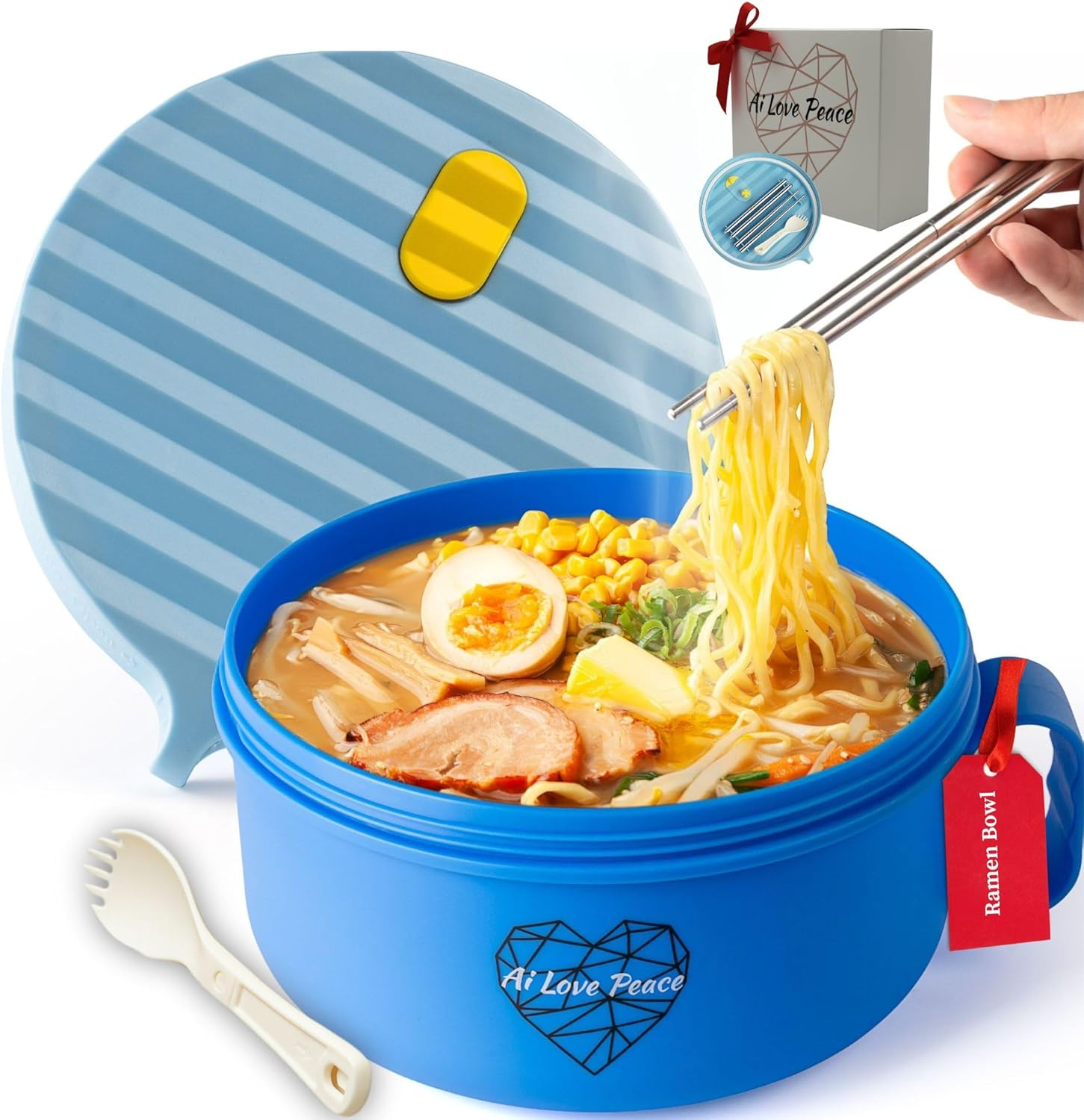 Ai Love Peace Ramen Bowl, 40 Oz Microwaveable Noodle Cooker for Ramen, Pho, Soup, and Pasta, Dishwasher Safe and Portable, Ideal for Home, Office, Dorm, or Gift (Blue)