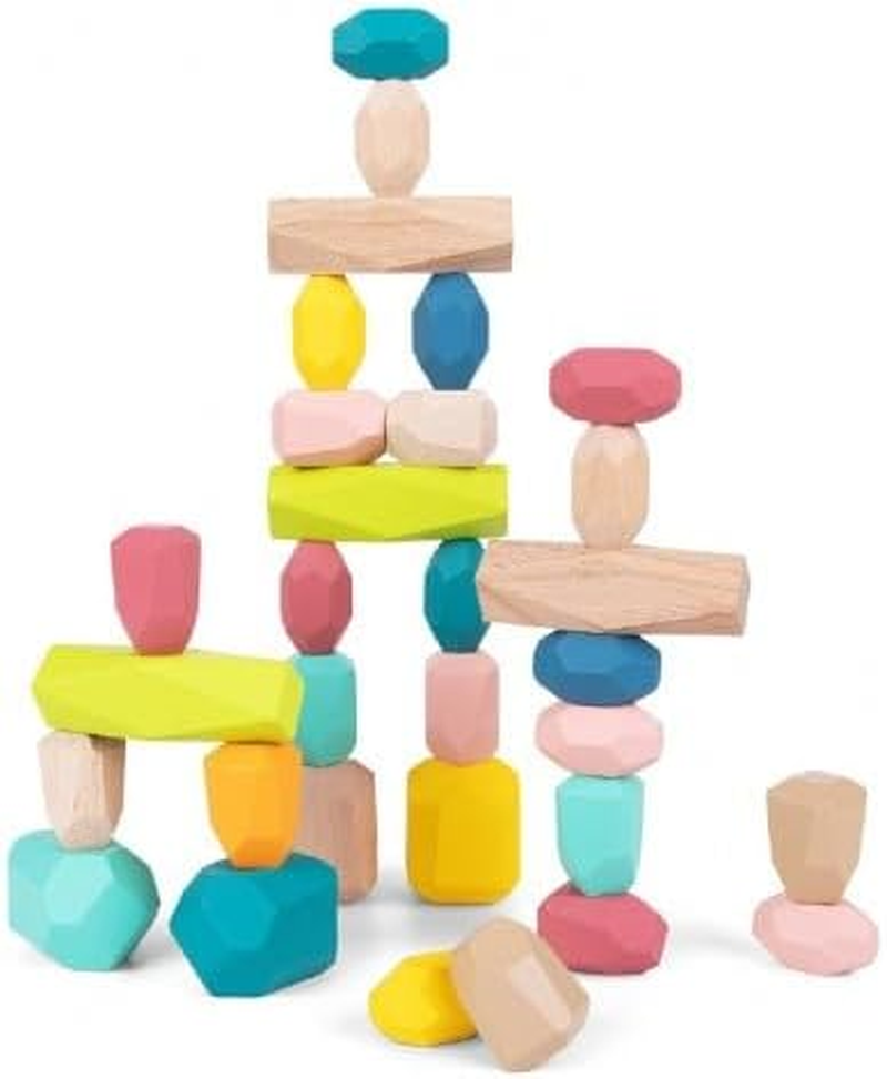 Tooky Toy Wooden Stacking Large Stone Rock Blocks Toy 32-Piece Balancing and Stacking Set for Kids