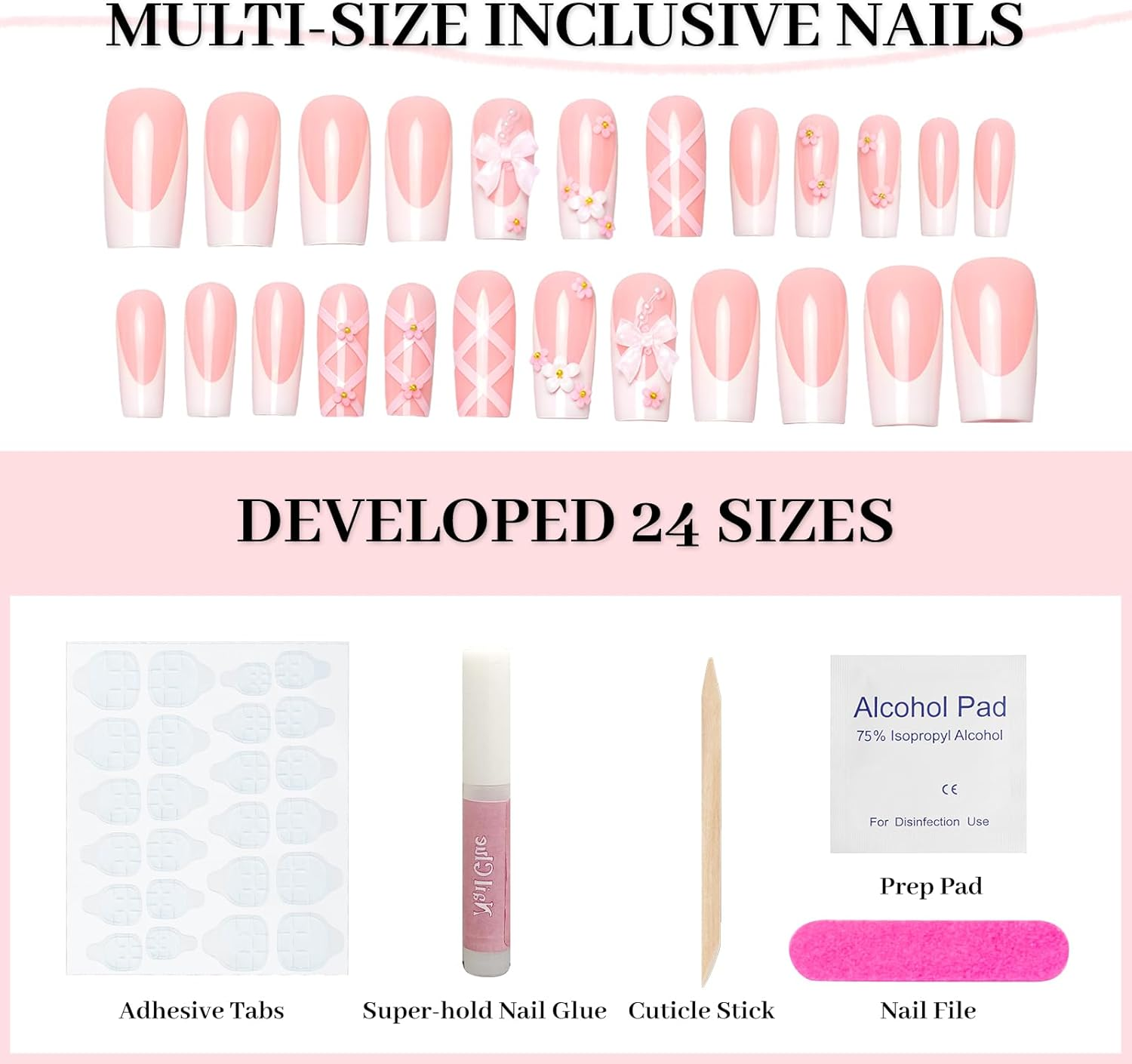 Press on Nails,24Pcs French Tip False Nails Pink False Nails Glossy Square Fake Nails Reusable & Acrylic,3D Pink image number 2