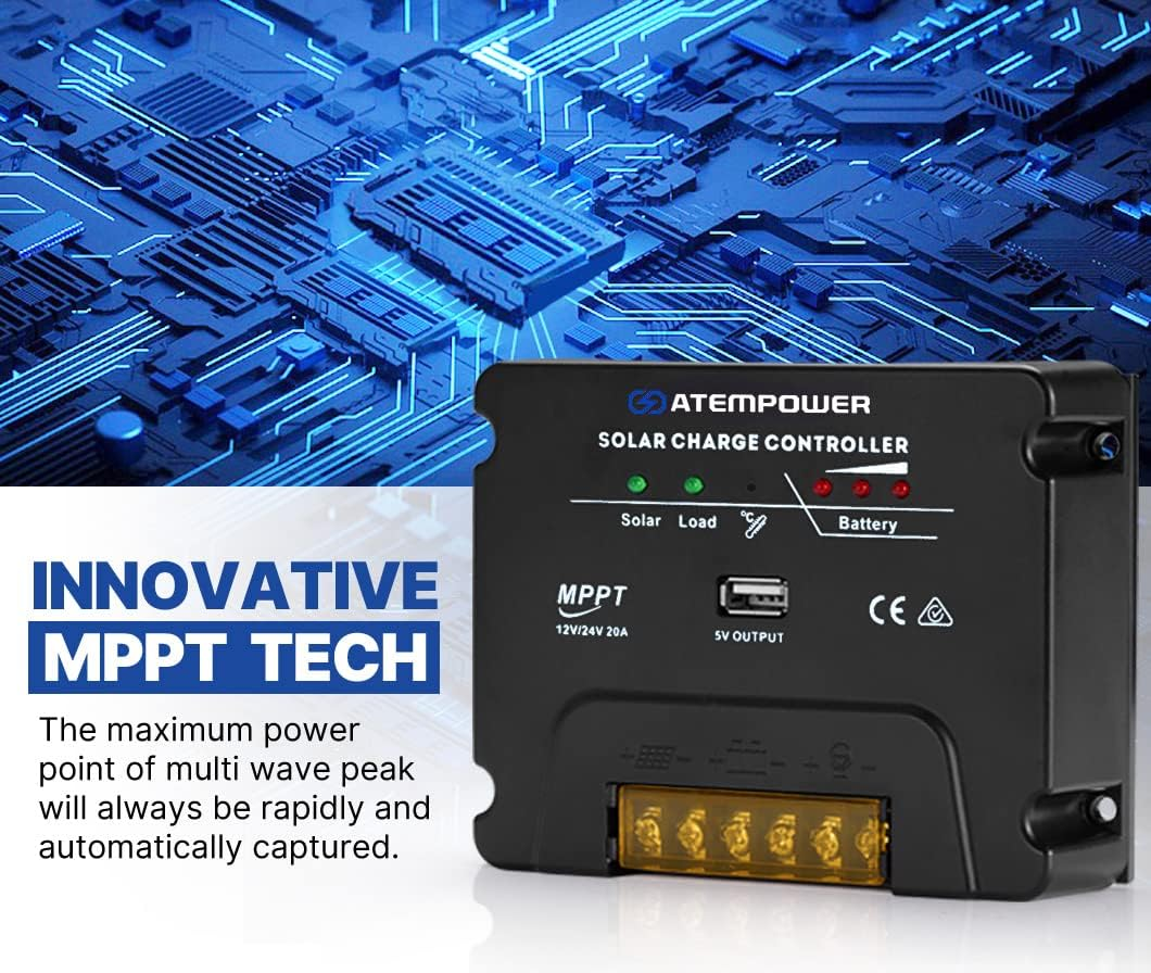 ATEM POWER 20A MPPT Solar Charger Controller 12/24V with USB Port, Multi-Stage Algorithm, Multi-Protection, Battery Regulator for Solar Panel/Load/Lead Acid Deep Cycle Battery/Lithium Battery image number 3