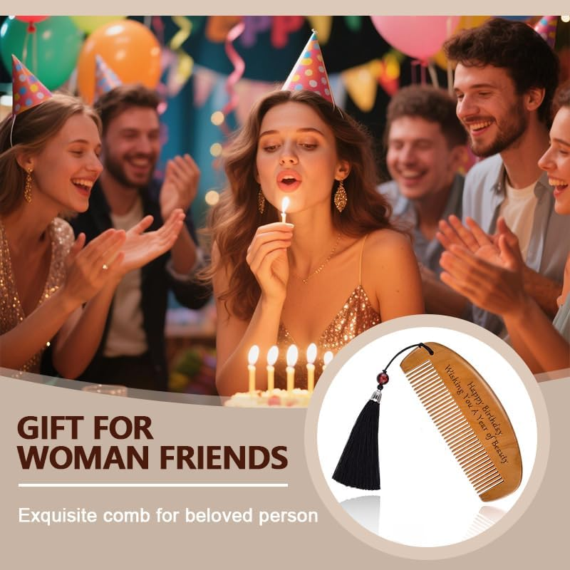 Happy Birthday Gifts for Women Friends Sister Mom Unique Engraved Wooden Comb for Her Wishing You a Year of Beauty Novelty Bday Gifts for Grandma Aunt Female Cousin Birthday Present Party Favors image number 1