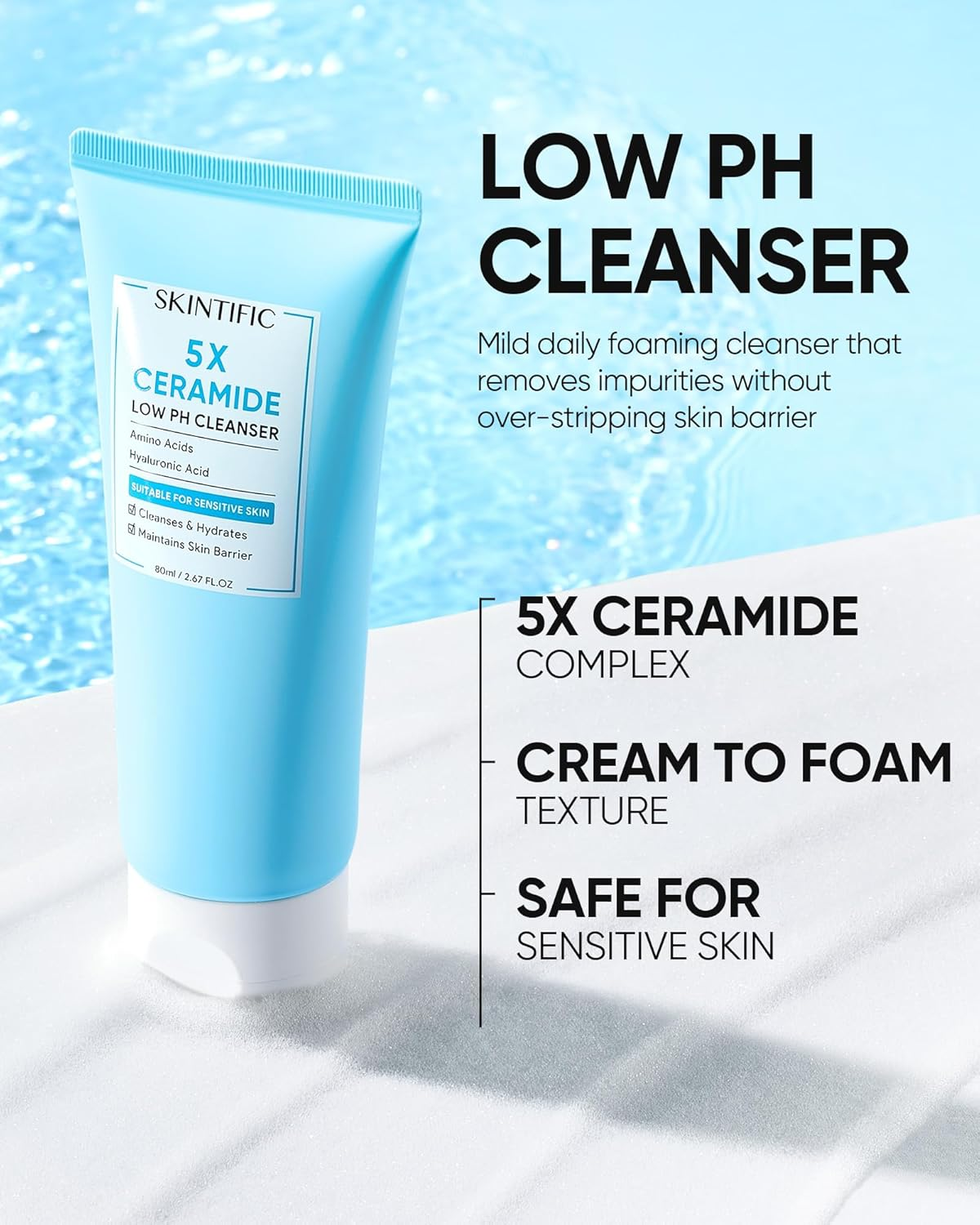Skintific 5X Ceramide Low Ph Cleanser with Amino Acids, Hyaluronic Acid for Sensitive Skin, 80Ml, Hydrating Face Wash