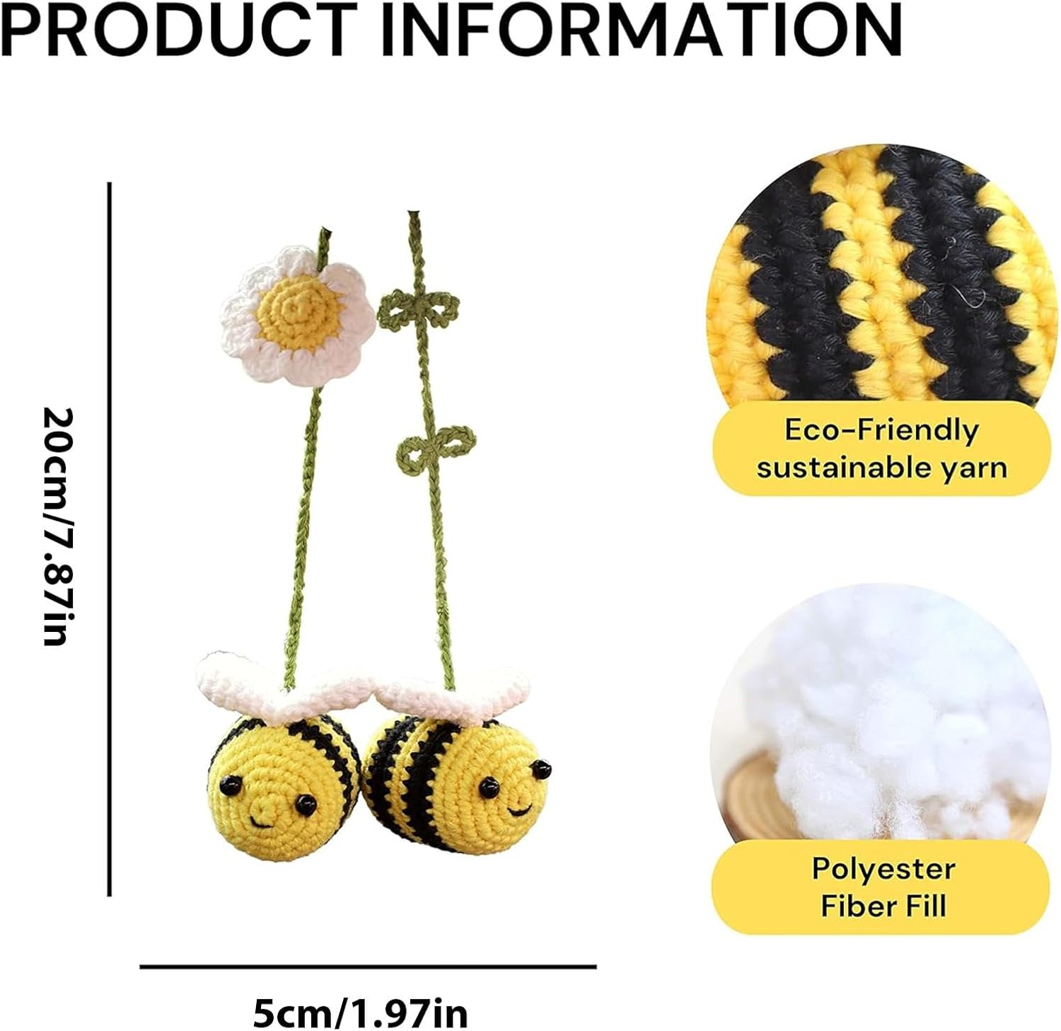 Knitted Car Decoration, Bee Handmade Crochet Car Ornament, Crochet Car Accessories, Cute Flower Knitting Pendant, Automotive Interior Decoration for Bee Lovers image number 6