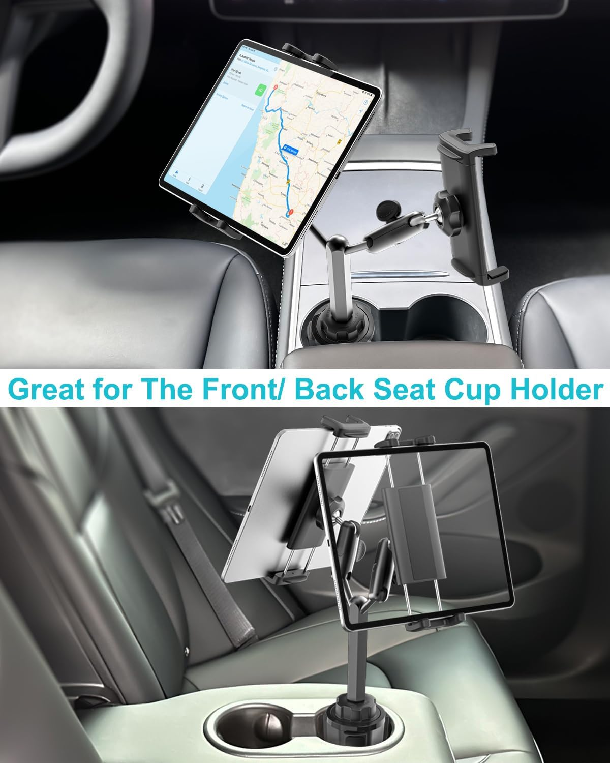 EXSHOW Car Cup Holder Tablet Mount, Heavy Duty Dual Tablet Holder for Truck, [Double Metal Arm] Adjustable Cupholder Compatible with Ipad Pro 13 12.9 Mini Air, ELD, Galaxy Tab, Iphone, 4-13" Device image number 3