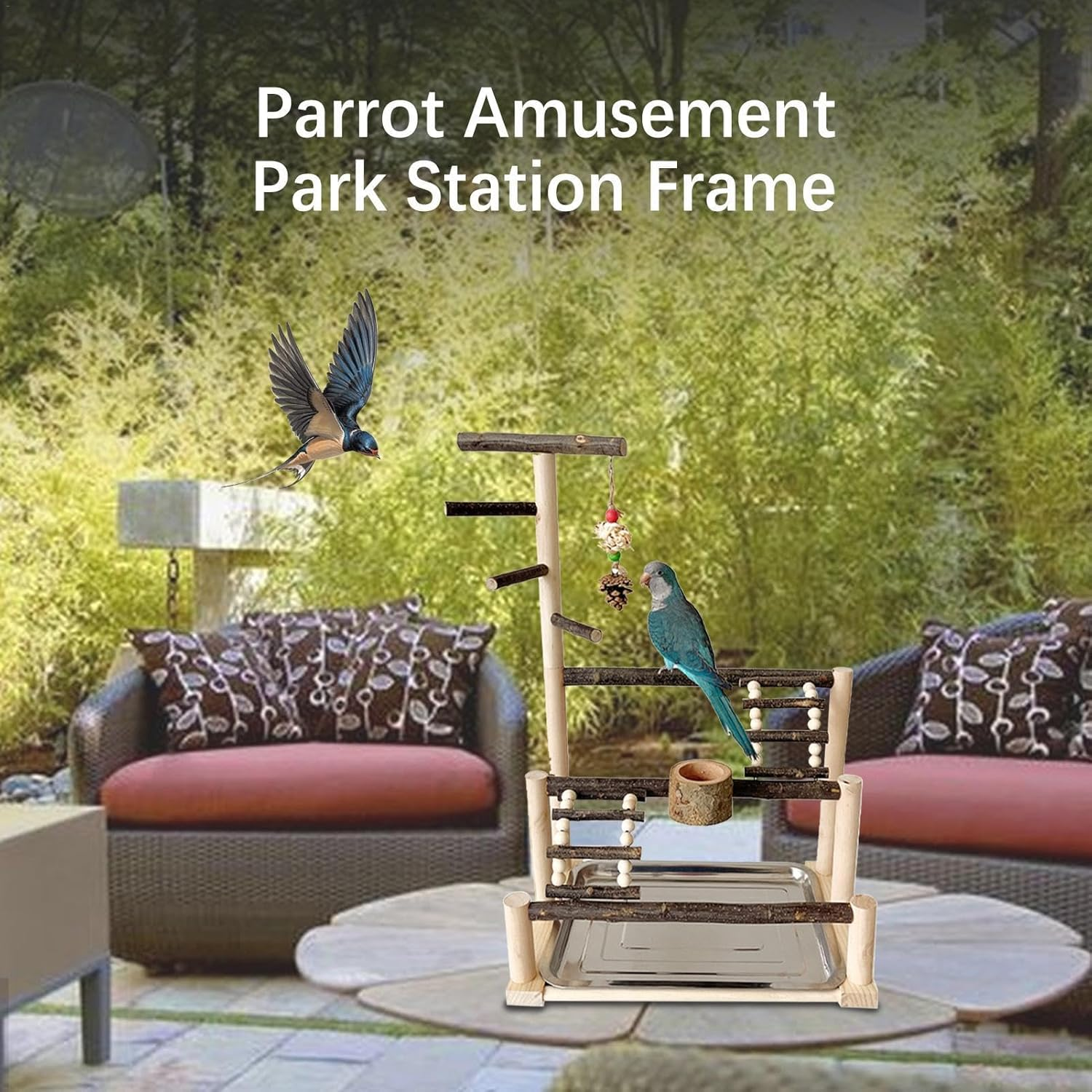 Generic Parrot Playstand - Interactive Large Bird Stand Playground, Parrot Playground Stand, Natural Bird Cage Exercise Toy, Parakeet Cage Accessories with Feeding Cups for Parakeet image number 1
