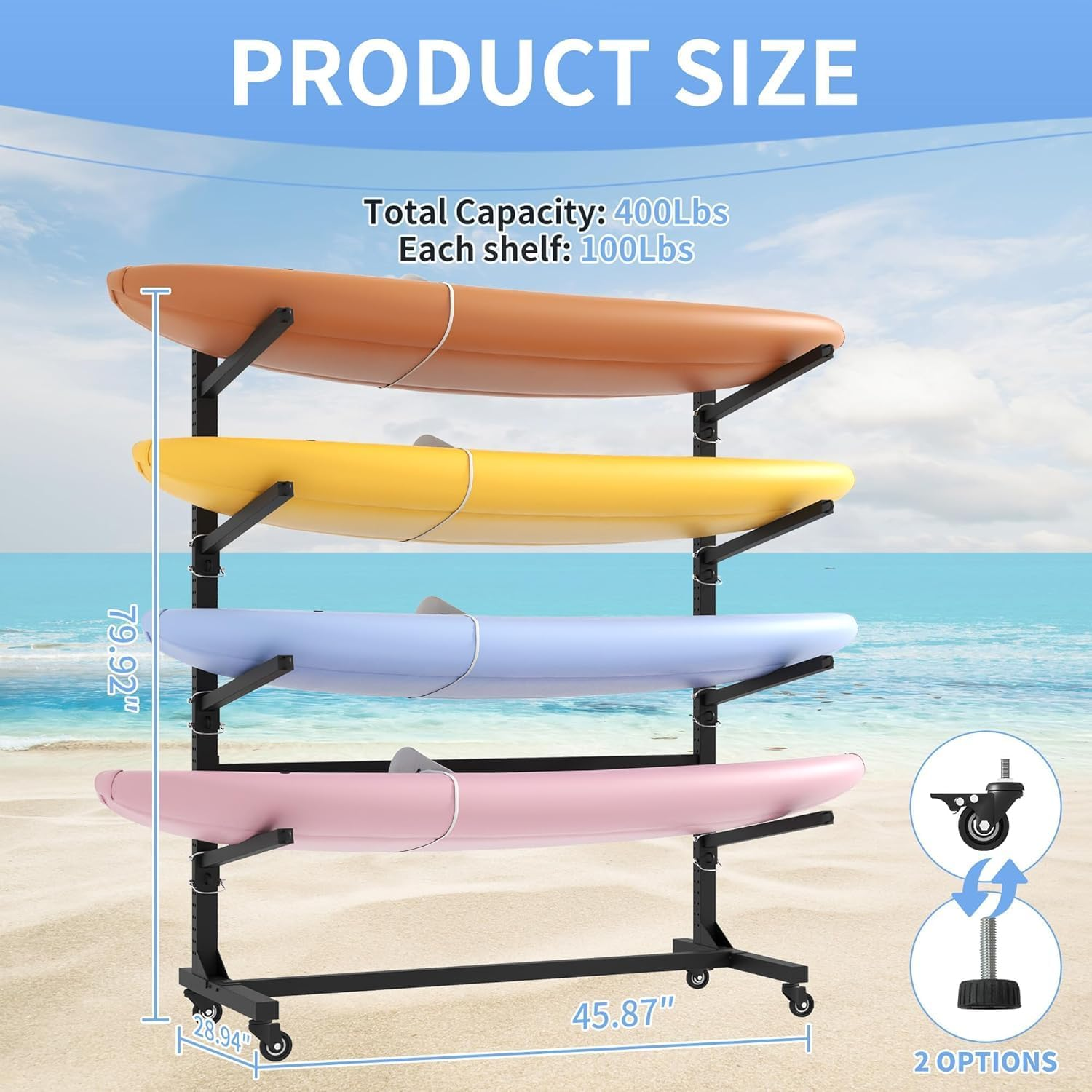 Kayak Storage Rack, Heavy Duty Kayak Stand Canoe Rack with Wheels, Freestanding Kayak Holder Stand for Kayaks, Canoes, Surfboard, Paddleboard Storage (4 Tier) image number 5