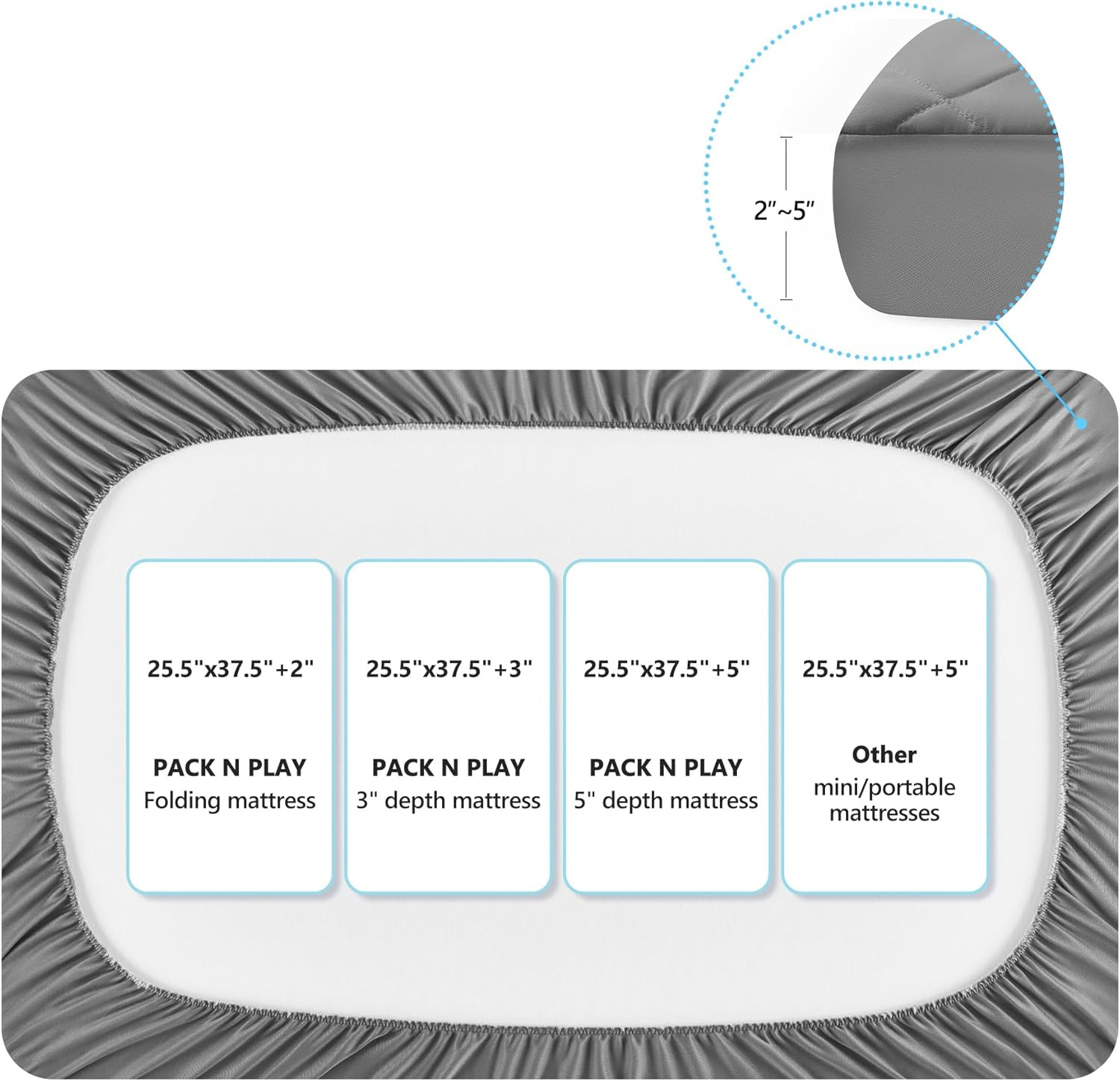 TILLYOU Pack and Play Sheet - Soft Quilted Crib Cover Pad, Toddlers Mattress Protector with 1''-3'' Deep Pocket, Thick Play Yard Playpen Sheets, Breathable Fluffy Crib Mattress Pad, 39"X27", Grey image number 4