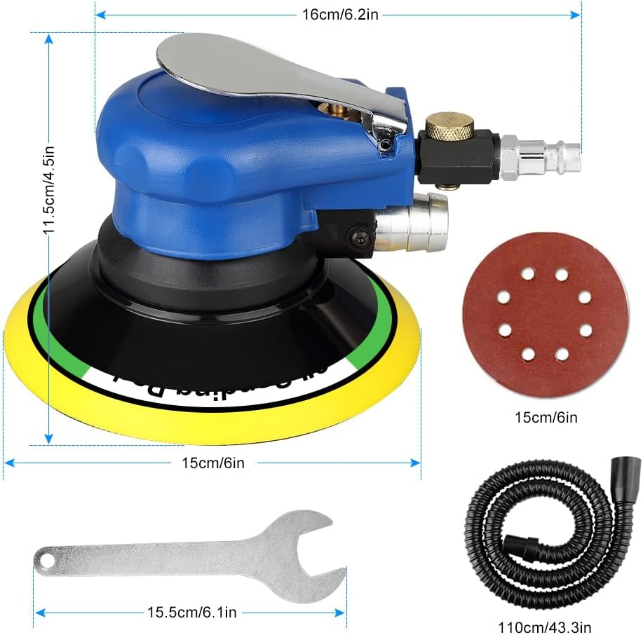 Uten 6" Air Random Orbital Sander Dual Action Pneumatic Palm Sander with Speed Regulation with 7 Pcs of Sand Paper image number 4