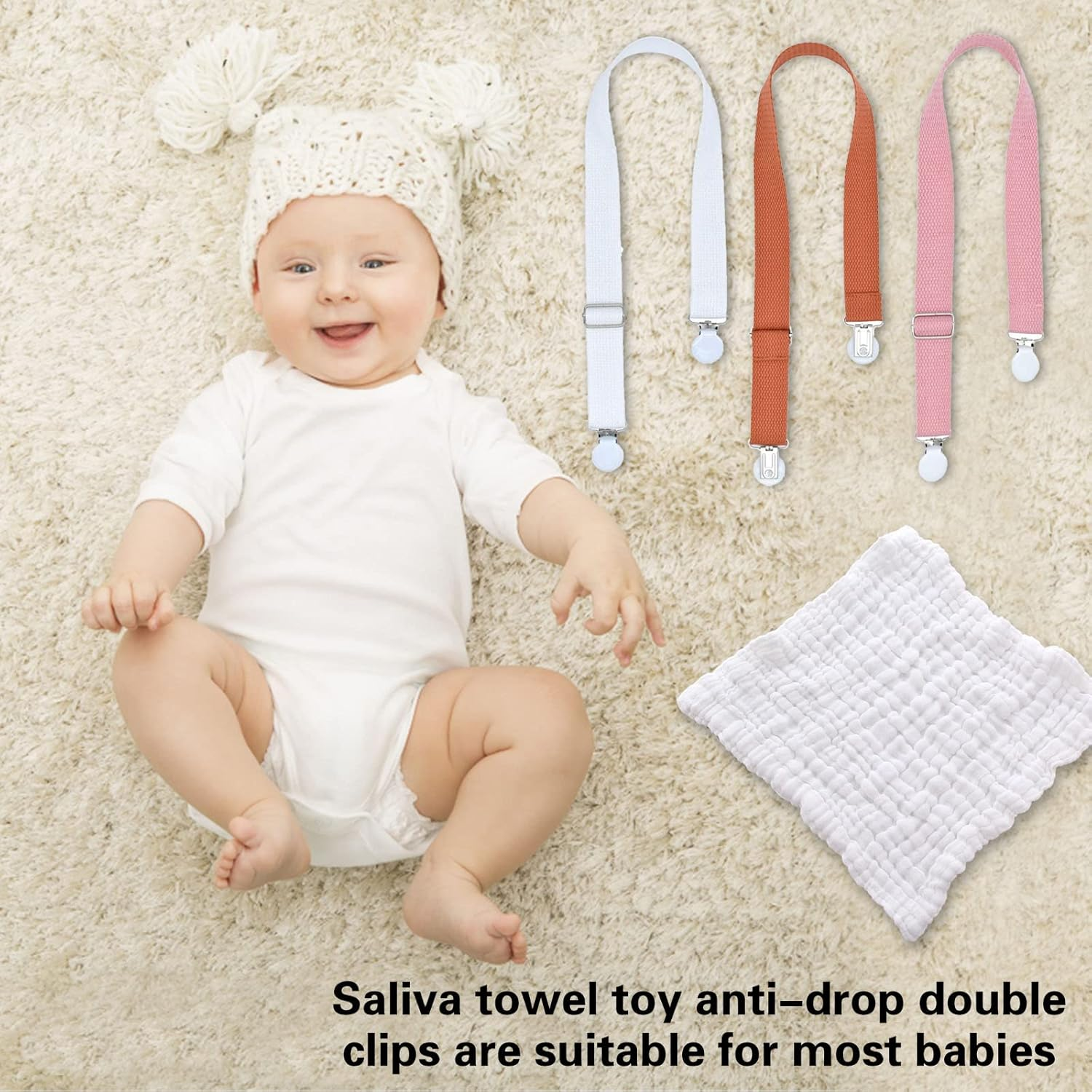 3 PCS Multipurpose Clips Baby Nursing Cover Clips Saliva Towel Double-End Clamp Toy Anti-Drop Clip Adjustable Braid Strap Dental Bib Holder Clip Napkin Holder for Adult Kids (Orange/White/Pink) image number 2