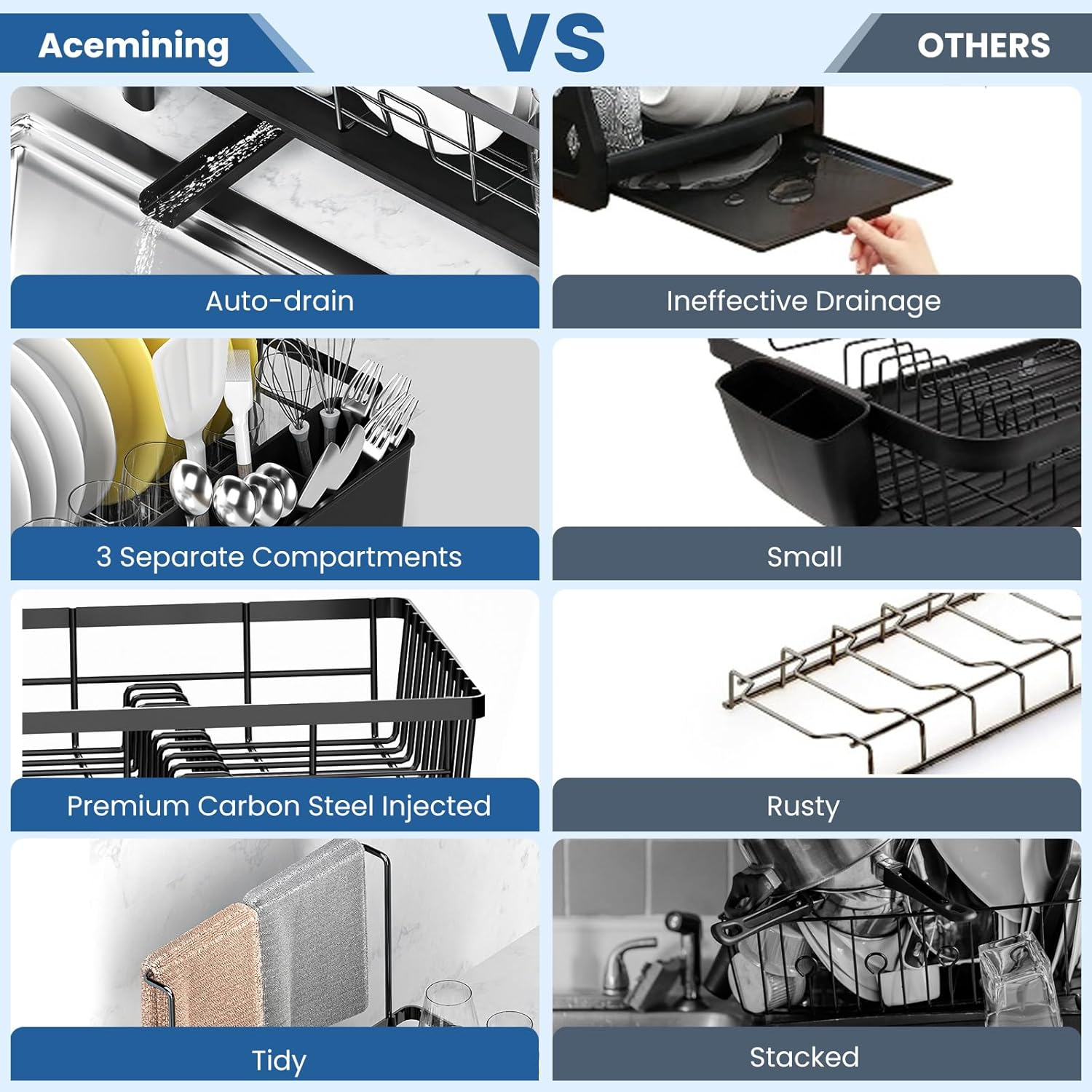 Acemining Dish Rack with Cutlery Holder and Towel Bar, 360&deg; Swivel Drain, Stainless Carbon Steel, Space Saving Kitchen Organizer for Plates, Cups, Cutlery, Black image number 3