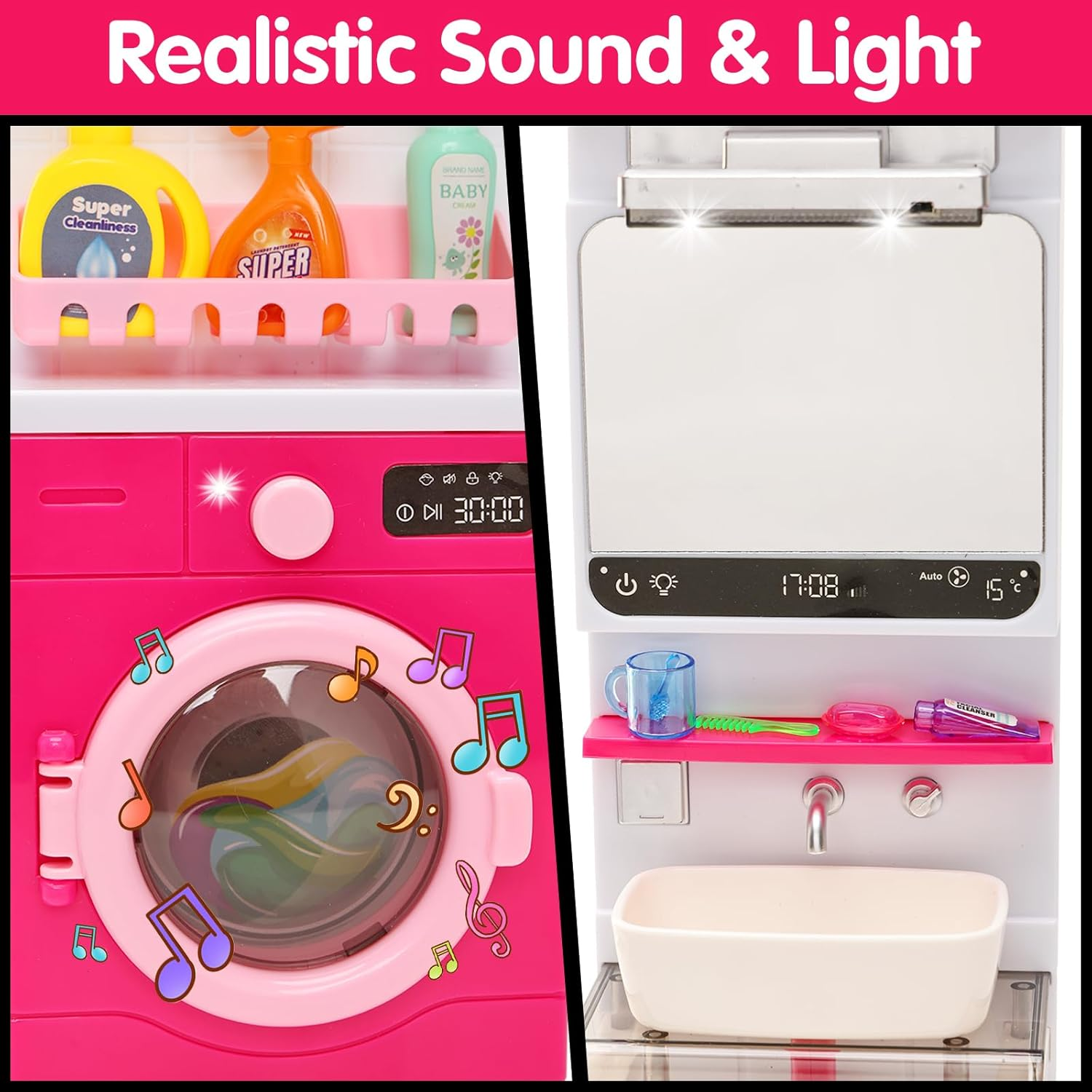 Barwa Mini Bathroom Playset, Dressing Table Toy Set, Toilet Accessories, Head Hair Stylist Toy Kit, Fashion Gown Dress Bathrobe Pajamas, Pretend Role Play Toys for Boys Girls image number 6