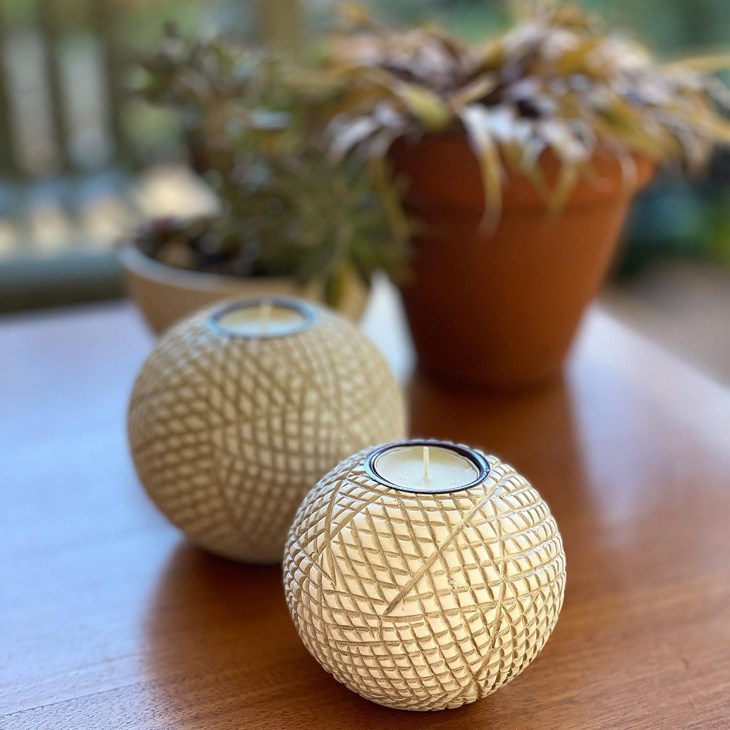 Huey House Luca Orb Candle Holders (Gift Boxed Set of 2), Table Centerpieces for Dining or Living Room, Spa, Bathroom, Kitchen Counter, Mantle or Coffee Table Decor (Grid Pattern) Beige and White image number 6