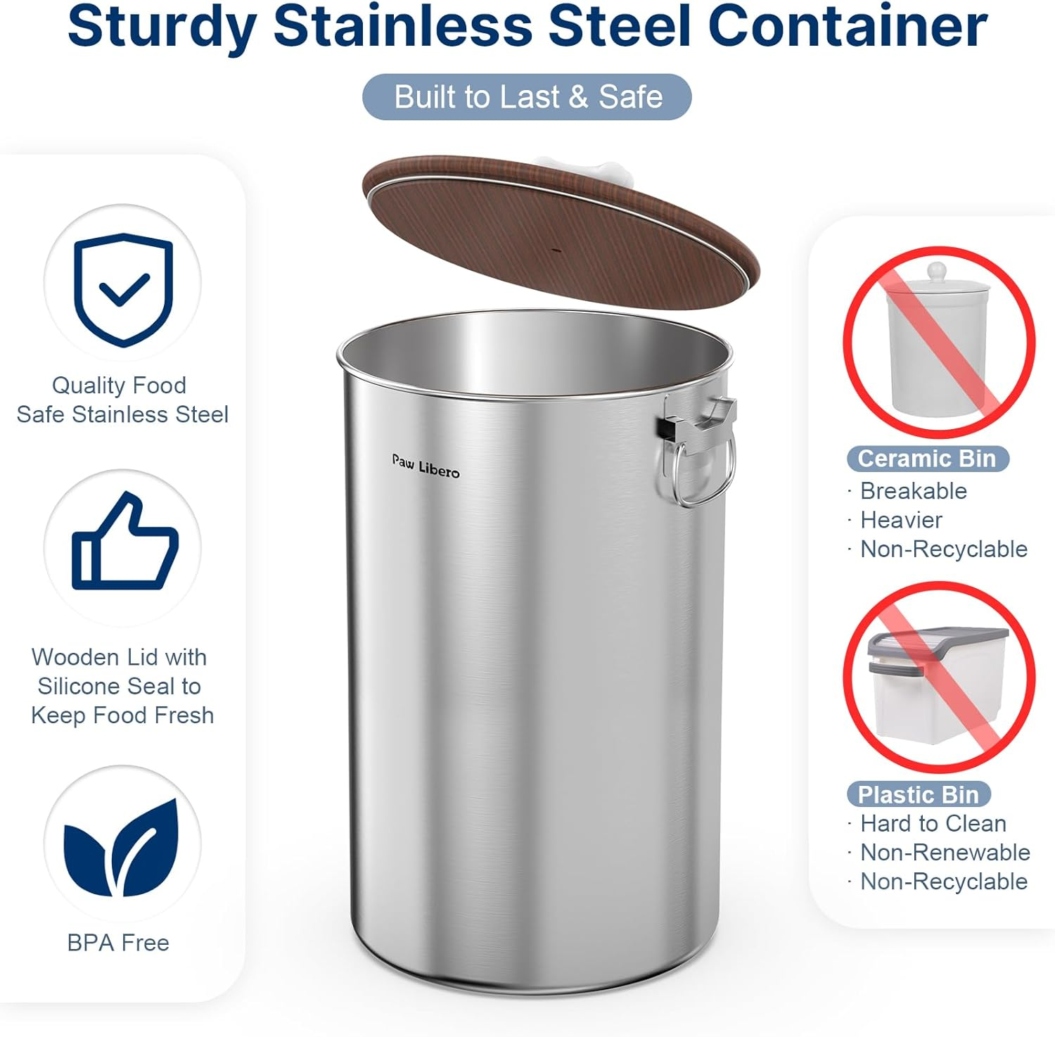 35 Lbs Stainless Steel Dog Food Storage Container with Airtight Wooden Lid & Ceramic Bone Handle, Large Metal Dog Food Bin for Dogs & Cats, Keep Fresh, Easy to Clean image number 6