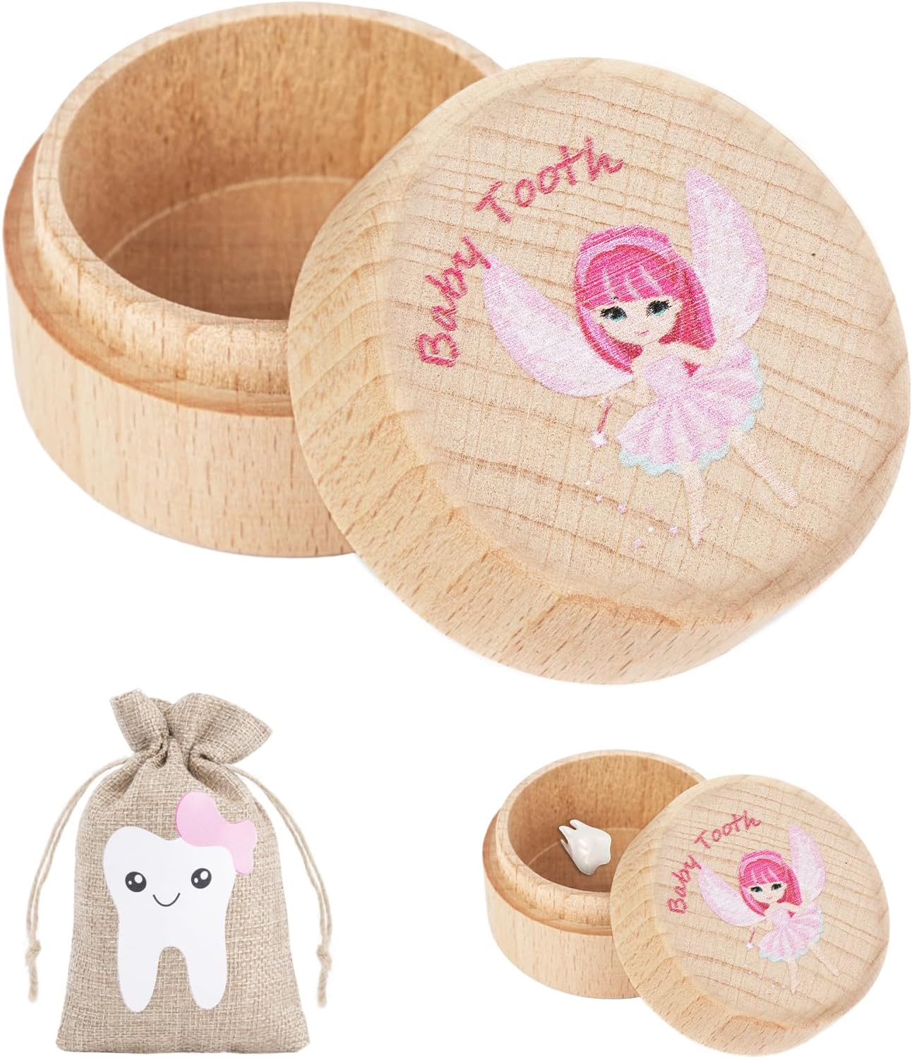 Tooth Fairy Box with Tooth Fairy Bag,Wooden Baby Keepsake Box,Baby Teeth Storage Box for Lost Teeth,Newborn Wood Case for Boys Girls Gift（Fairies） - Boy image number 3