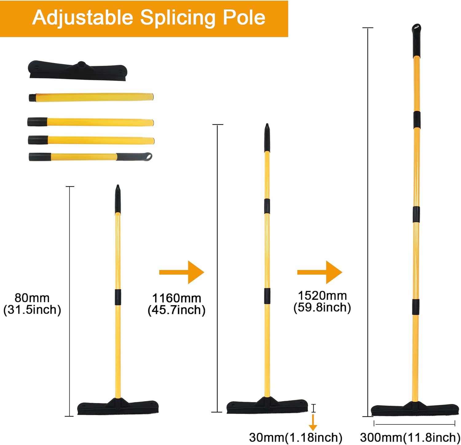 Push Broom,Pet Hair Removal Broom with Squeegee,Soft Silicone Bristle Broom with Long Handle,Non Scratch Carpet Sweeper Brush for Cat Dog Hair Hardwood(Orange) Extra Long for Tall People image number 3