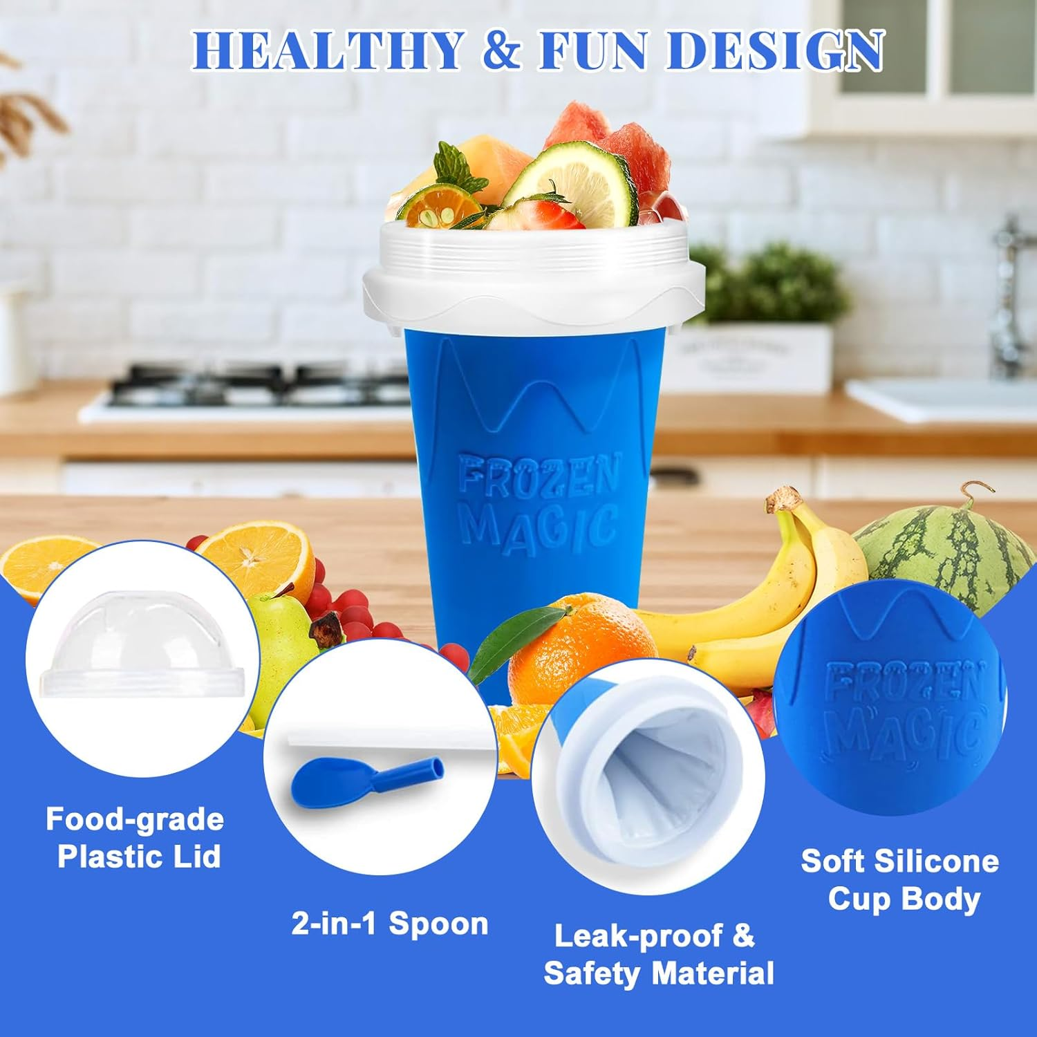 FANS-ONE Slushie Cup, 2 Pack Slushy Maker Cup, Frozen Magic Squeeze Cups for Juice Milk Yogurt Ice Cream Make, DIY Smoothie Cooling Cup with Lid & Straw for Kids Friends Family (Blue+Green) image number 6