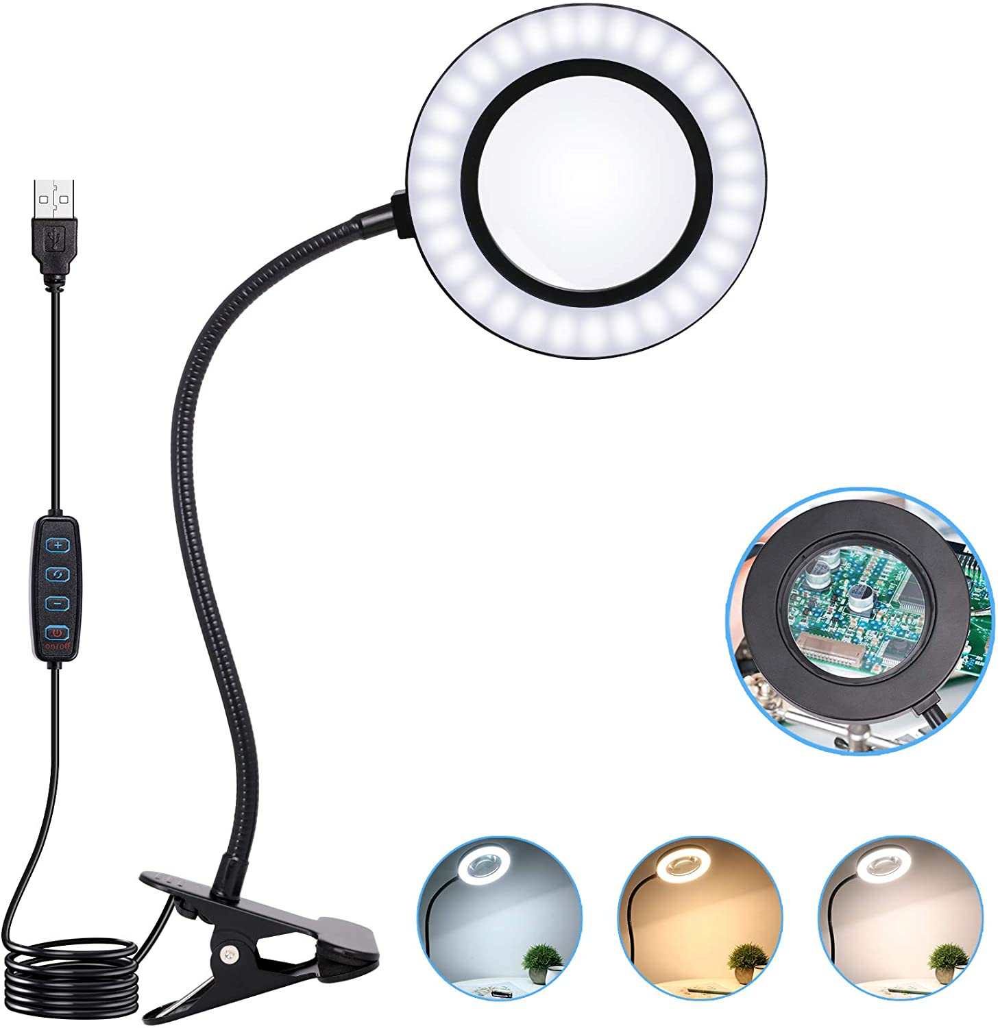 10X Magnifying Glass Lamp with Light Magnifier Light with Clip, Adjustable Flexible Gooseneck, 3 Color Modes Magnifying Lamp with USB Powered, Perfect for Daily Hobbies Repairing, Reading, Crafts image number 2