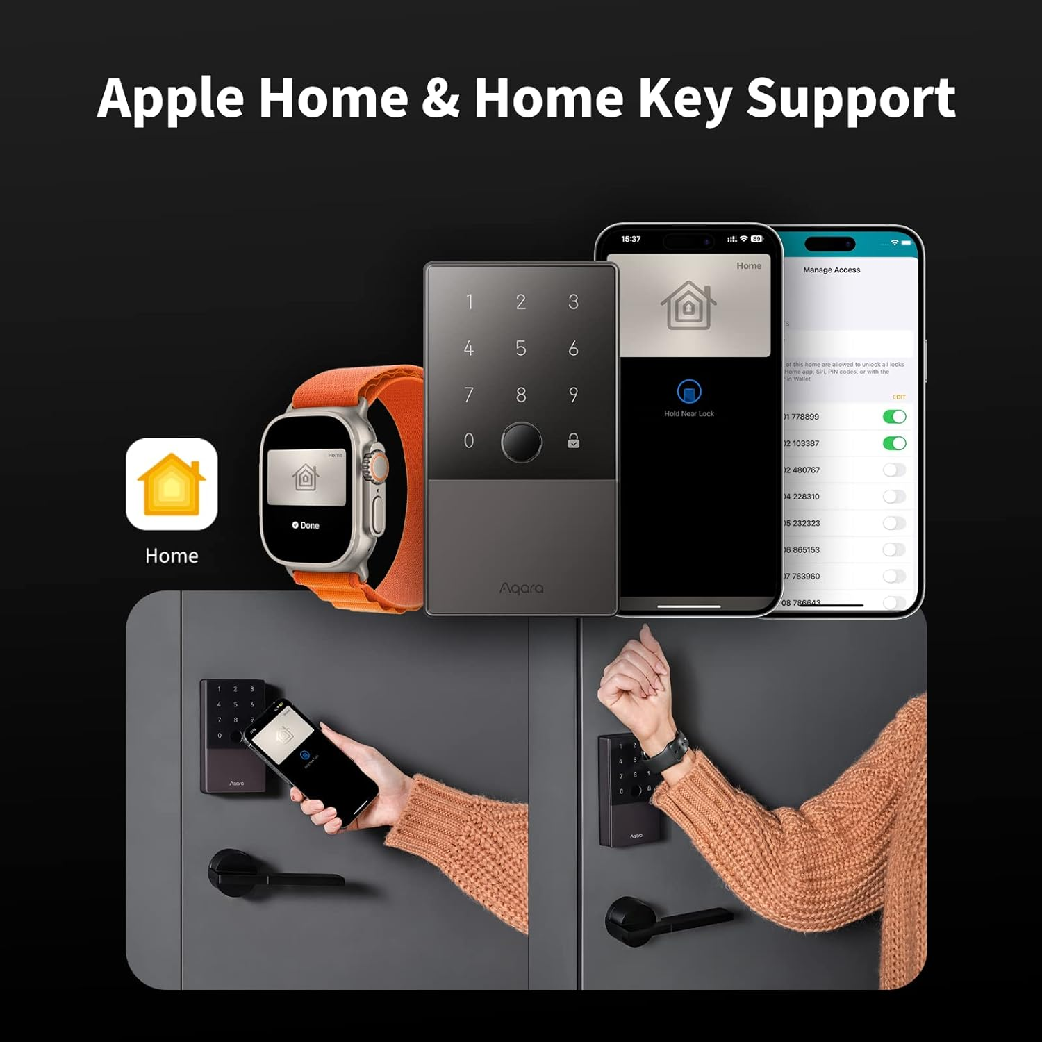 Aqara Smart Lock U100, Fingerprint Keyless Entry Door Lock with Apple Home Key, Touchscreen Keypad, Bluetooth Electronic Deadbolt, IP65 Weatherproof, Supports Apple Homekit, Alexa, Google, IFTTT, Gray image number 4