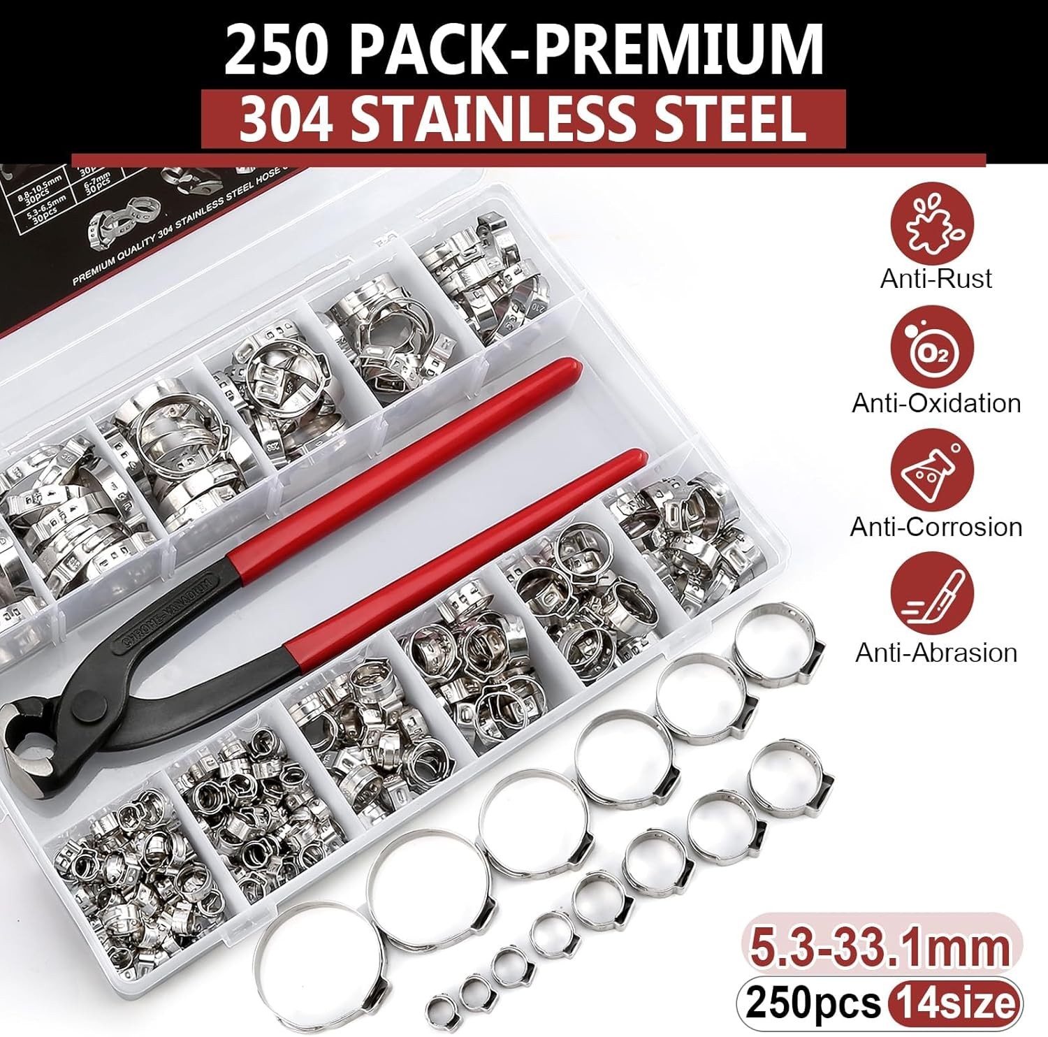 250 PCS 14 Sizes Single Ear Hose Clamp, 5.3-33.1Mm 304 Stainless Steel Ear Clamp Kit with Ear Clamp Pincer, Stepless Hose Clamps Cinch Rings for Automotive, Home Appliance Line and Plumbing image number 2