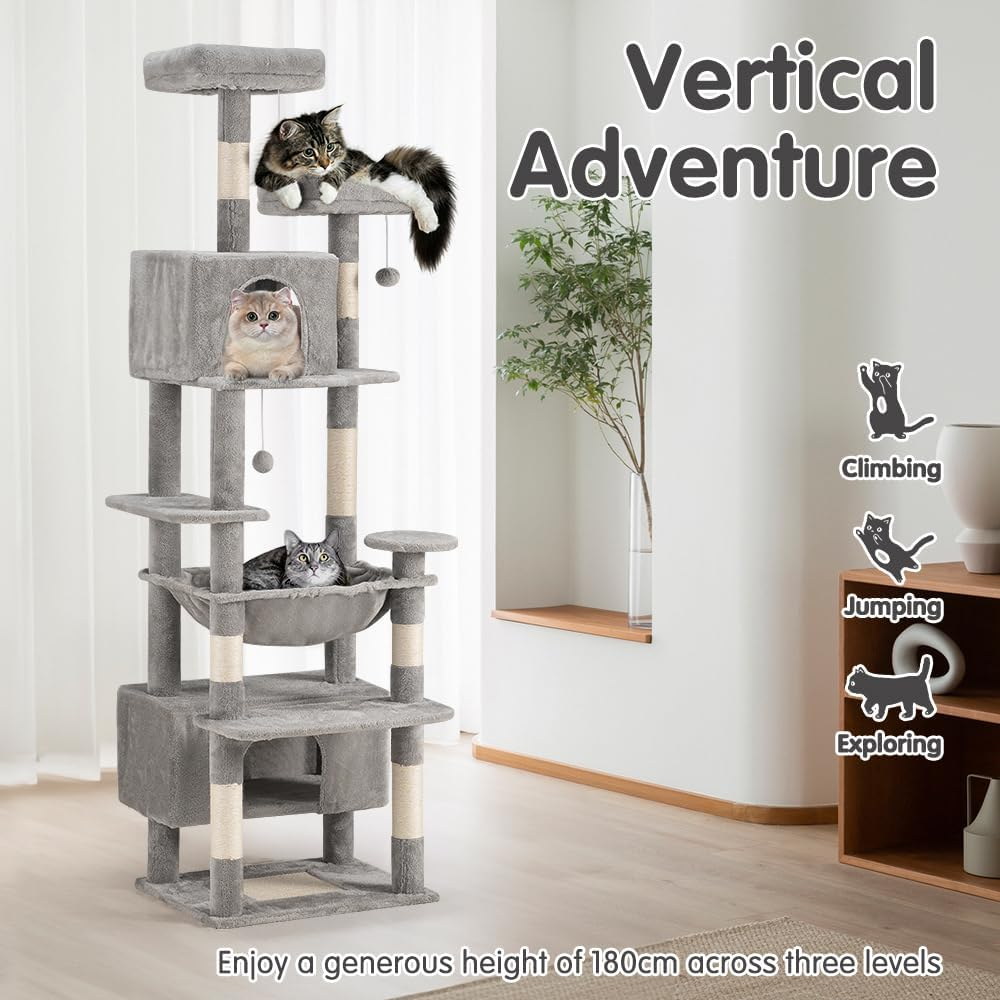 Cat Tree, 180CM Tall Cat Tree Tower for Large/Big Cats, Climbing Cat Tower Multi-Level Furniture Activity Center with a Large Hammock, Cat Condo and 4 Sisal Scratching Posts, Light Gray image number 5
