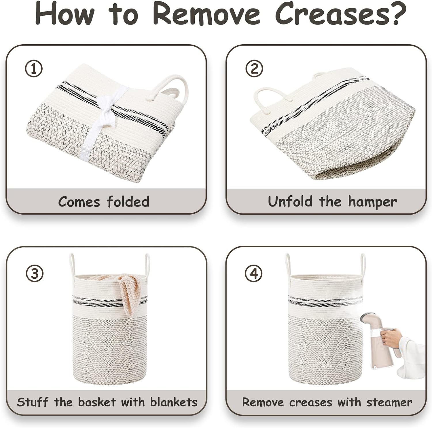 VIPOSCO Large Laundry Hamper, Tall Woven Rope Storage Basket for Blanket, Toys, Dirty Clothes in Living Room, Bathroom, Bedroom - 100L Stripe White image number 2