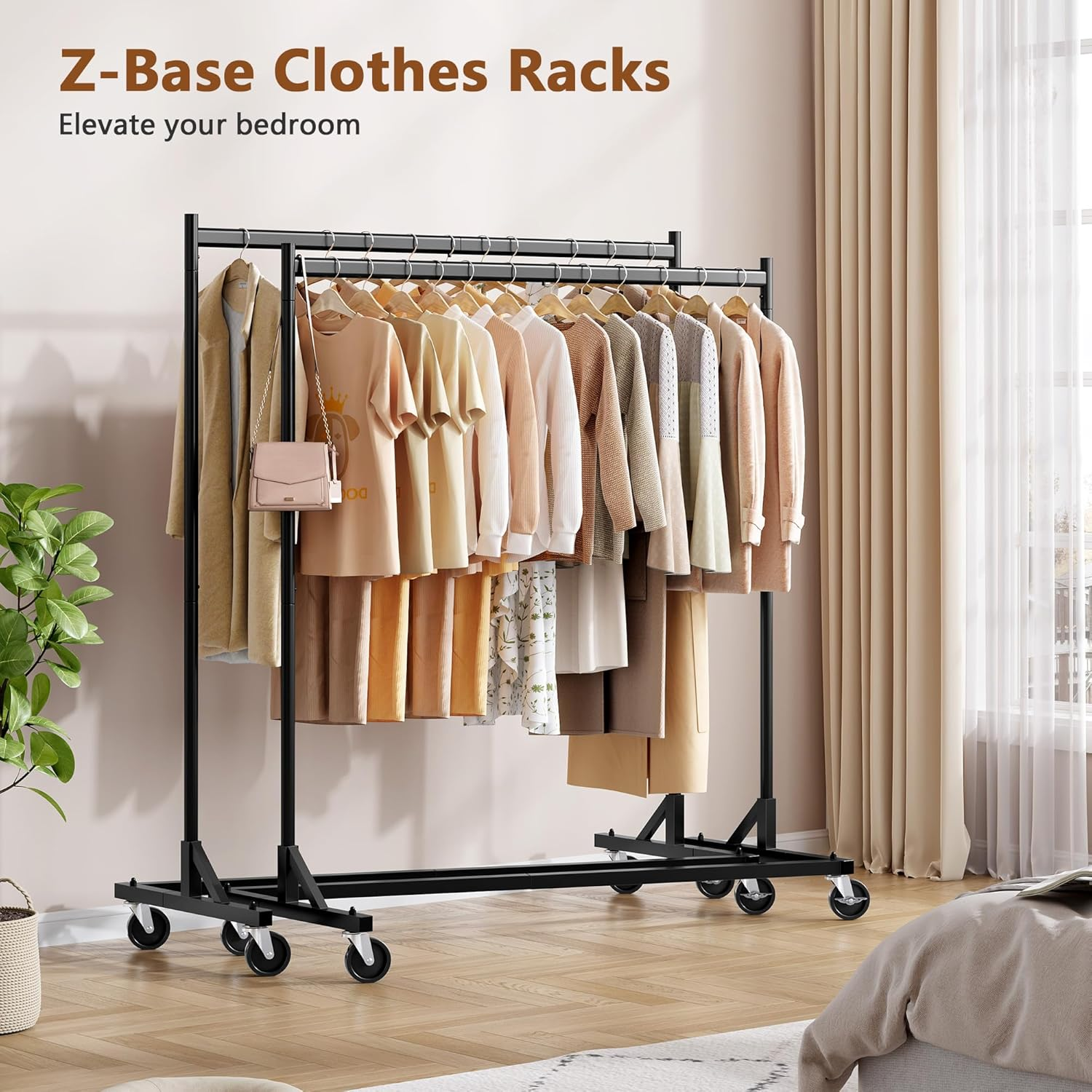 Hoctieon Z Rack Set of 2, Rolling Clothing Racks with Z-Base, Heavy Duty Garment Racks Set of 2, Clothes Rack on Wheels with Brakes, Clothes Organizer Rack, Black image number 5