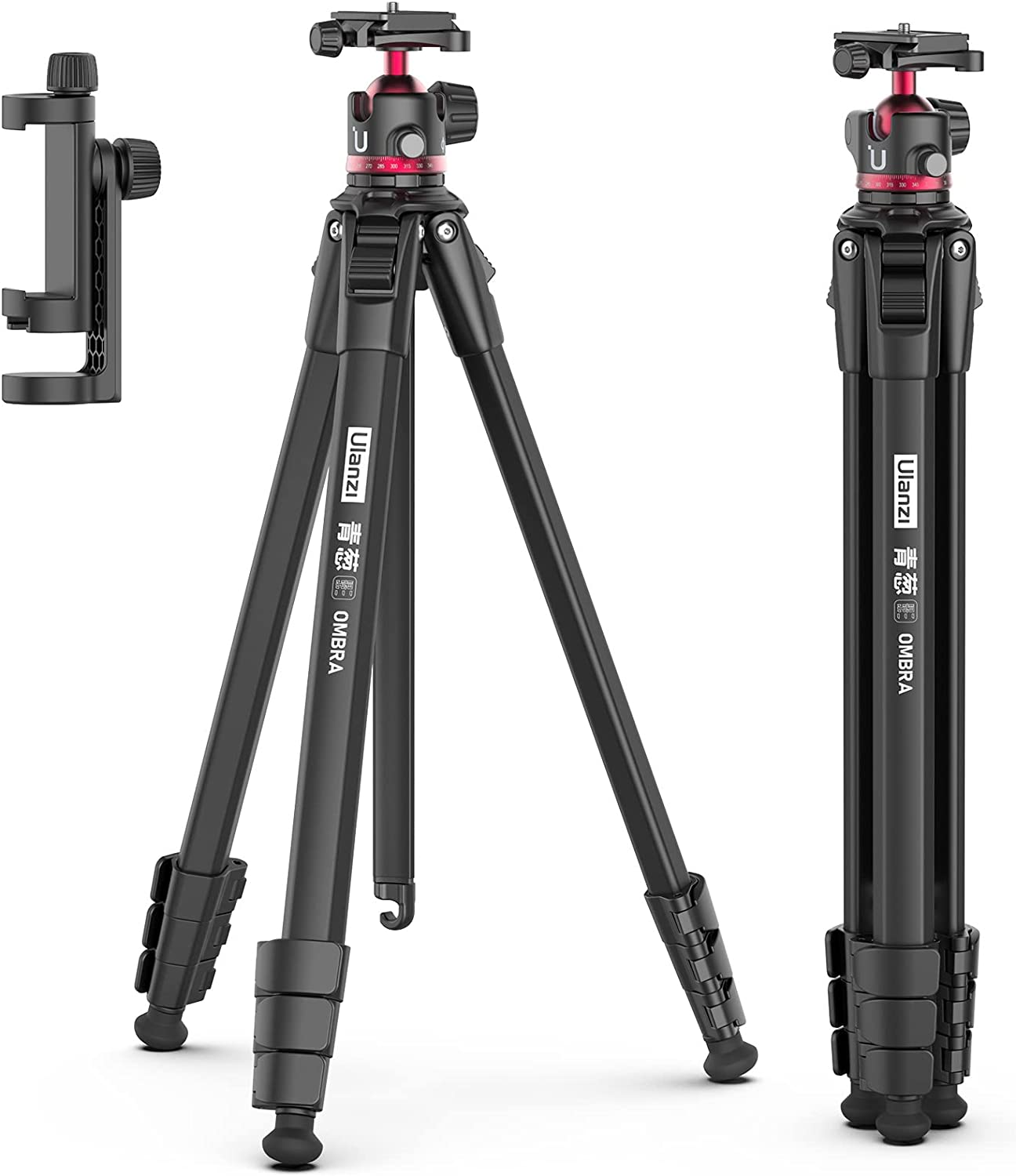 Ulanzi MT-55 Ombra Travel Tripod, 62.2'' Professional Camera Video Aluminum Tripod W/ 360&deg; Ball Head&Quick Release Plate, Max Load 17.6 LB for Nikon Canon DSLR Camcorder, Phone Holder Included Black image number 5