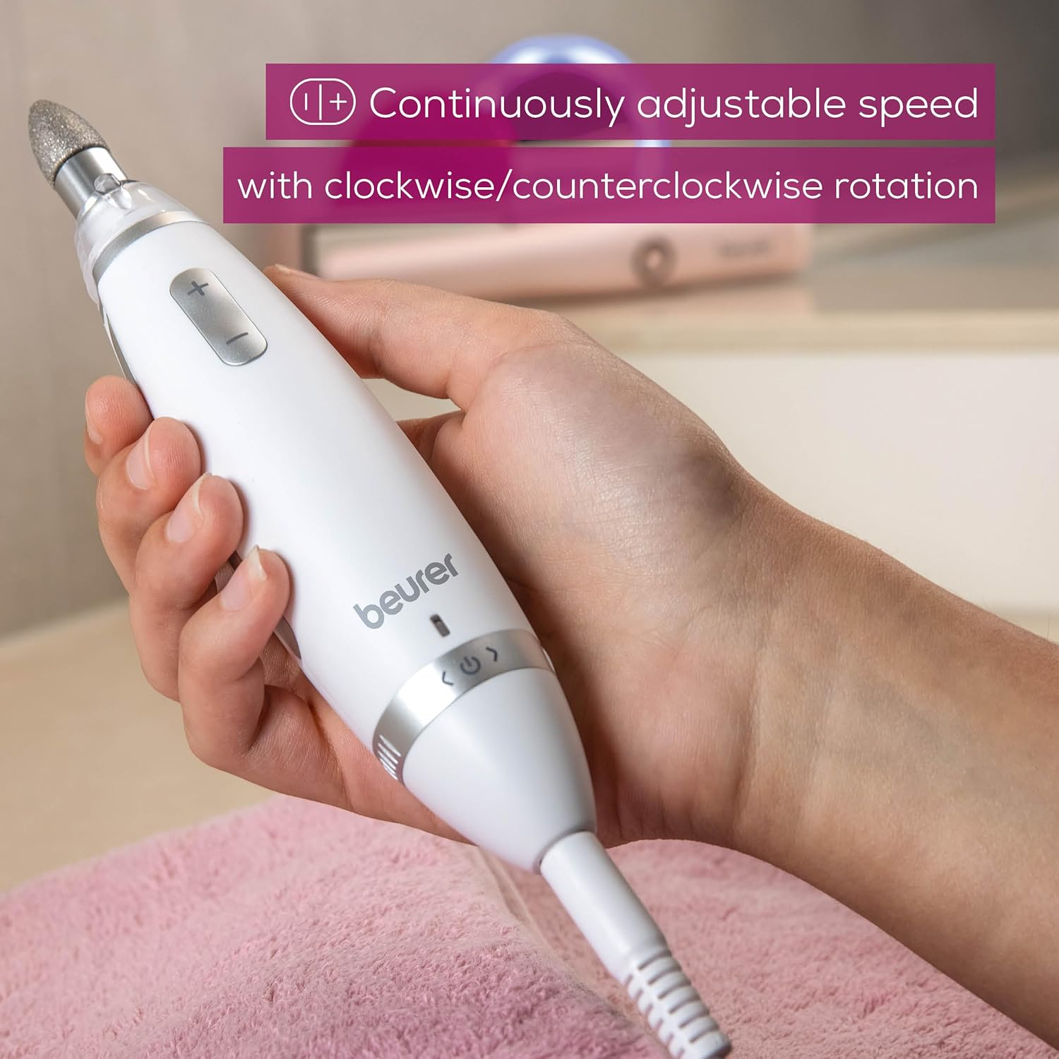 Beurer MP62 Professional Nail Drill Kit, Portable Electric File Machine with 10 Attachments & 10 Sanding Bands, Efile Dremel for Acrylic Gel Manicure and Pedicure, LED Light, with Storage Case, MP62 image number 3